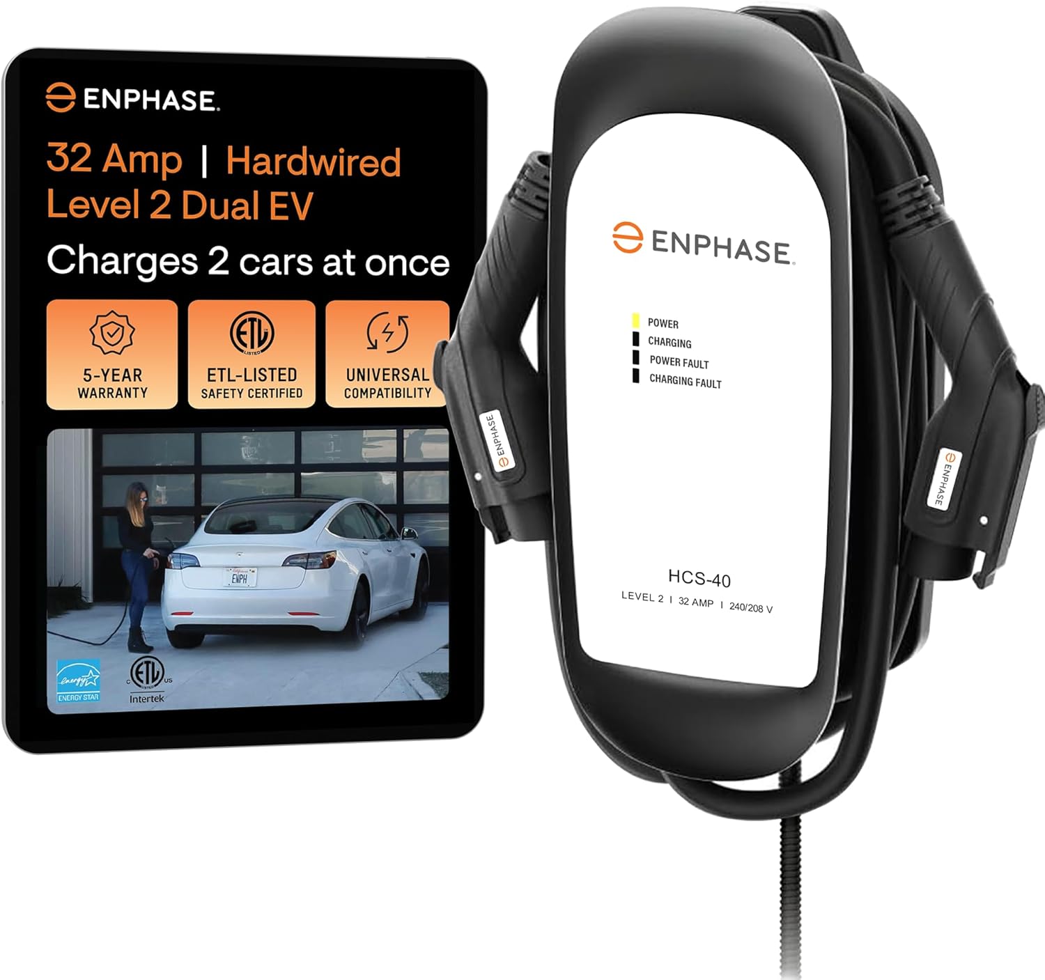 Enphase Level 2 Dual EV Charger, Safety Certified, 32 Amp, 240v, Hardwired, 25ft Cables, J1772, Compatible with US Electric Vehicles, HCS-D40 Home Electric Car Charging Station - formerly ClipperCreek