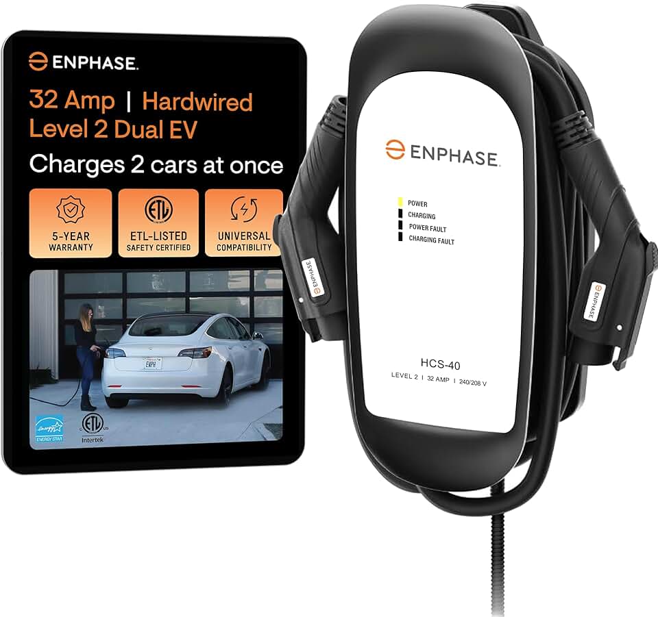 Enphase Level 2 Dual EV Charger, Safety Certified, 32 Amp, 240v, Hardwired, 25ft Cables, J1772, Compatible with US Electric Vehicles, HCS-D40 Home Electric Car Charging Station - formerly ClipperCreek