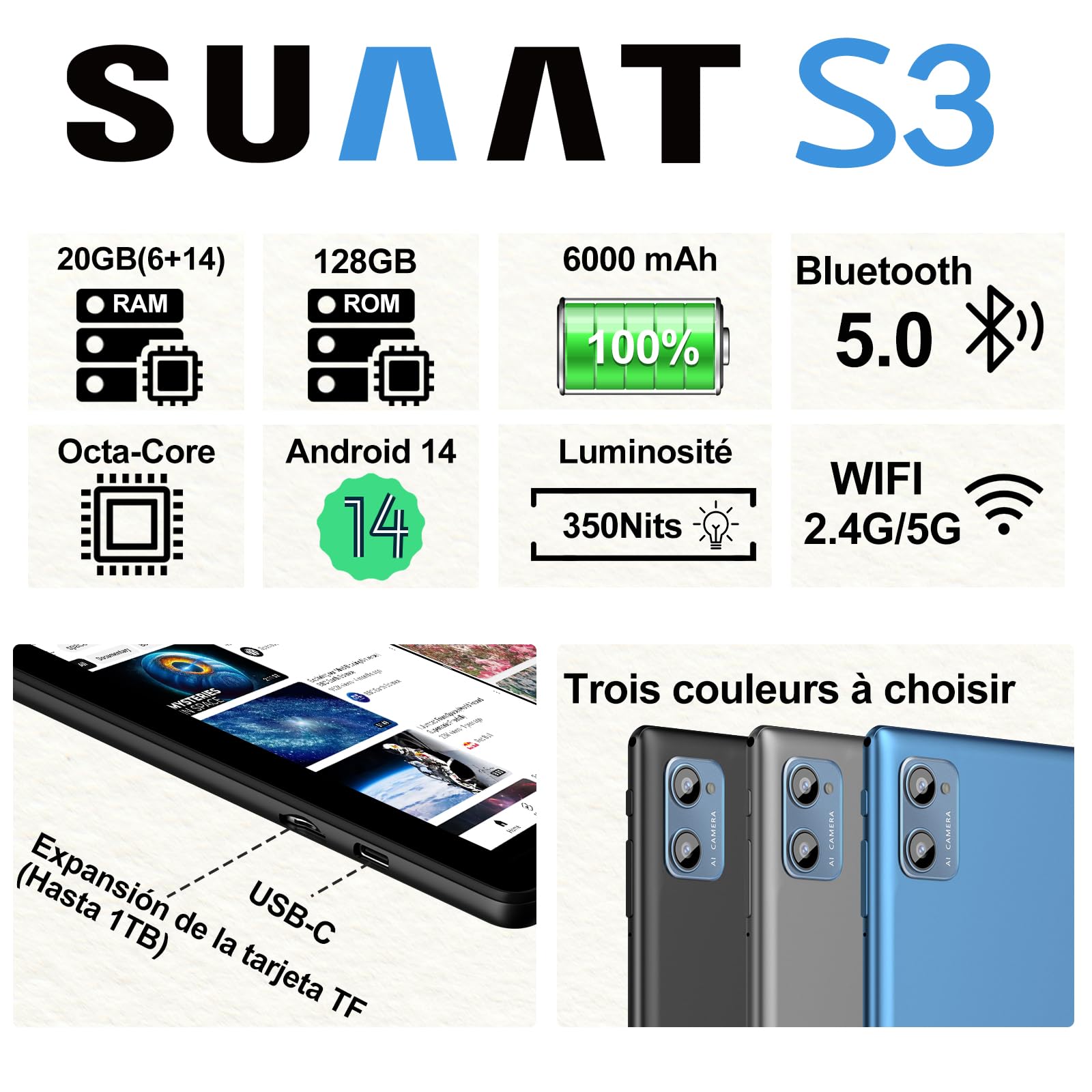 SUAAT Newest 2025 Tablet Android 14 10 Pollici 20GB RAM 128GB ROM WiFi 6, 5G+2.4G WiFi, Octa-Core, GMS Certified, Widevine L1, Bluetooth 5.0, Tablet Touch con Tastiera| Mouse| Custodia -Nero