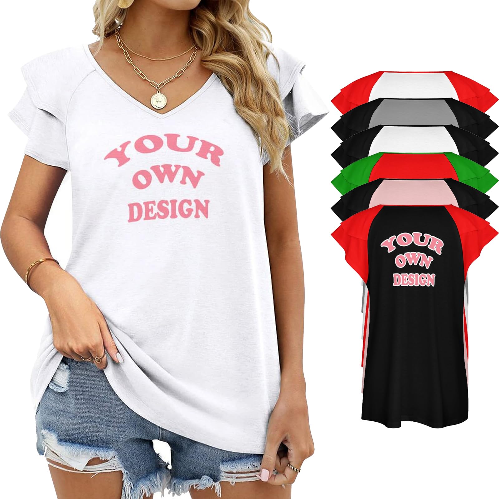 Custom t Shirts for Women Personalized Shirts with Picture Text Logo Customized Short Sleeve T-Shirts Front/Back V-Neck