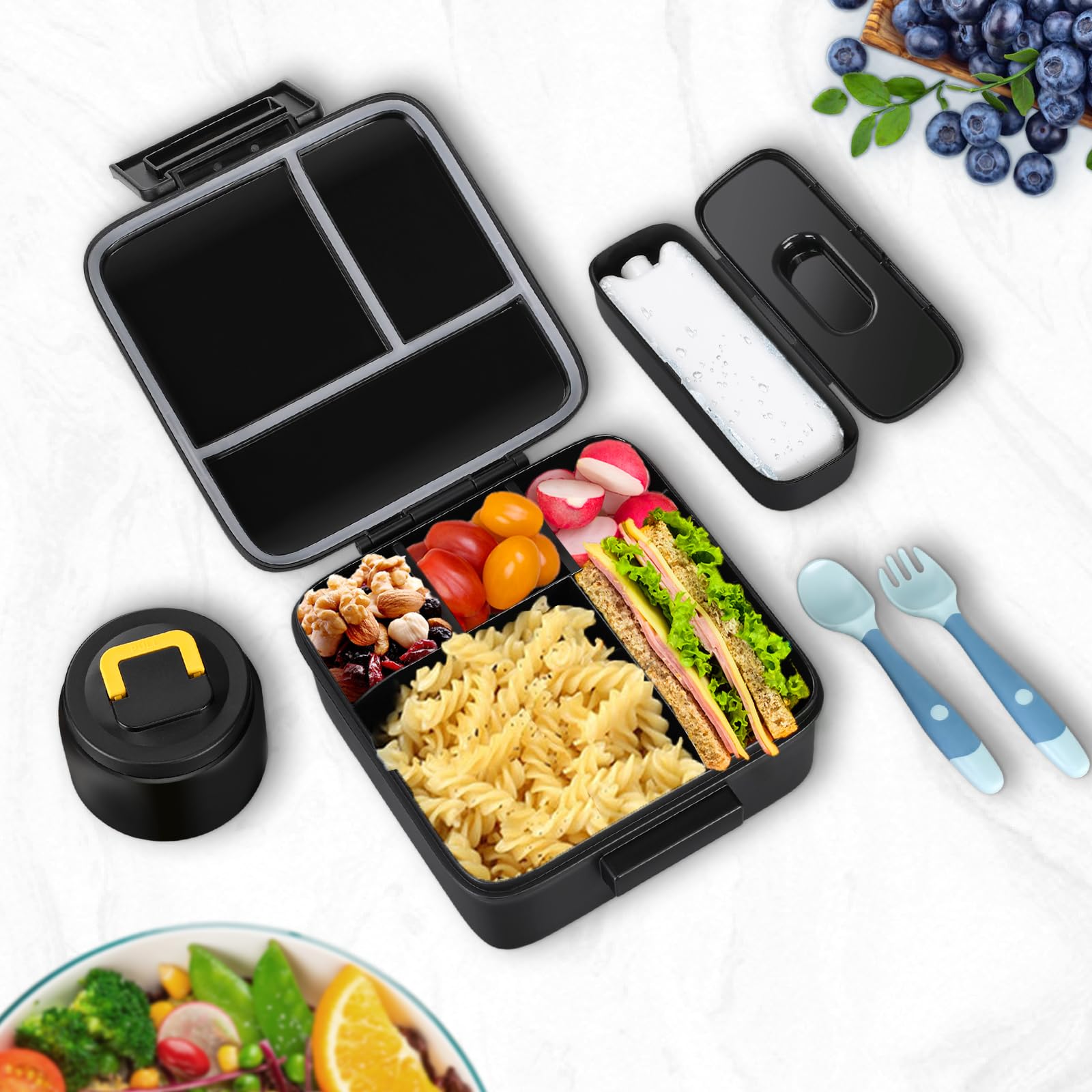 JXXM Lonchera Bento para niños con sopa térmica de 8 onzas, recipientes de almuerzo a prueba de fugas con 5 compartimentos, tarro térmico de alimentos y bolsa de almuerzo, contenedores de alimentos