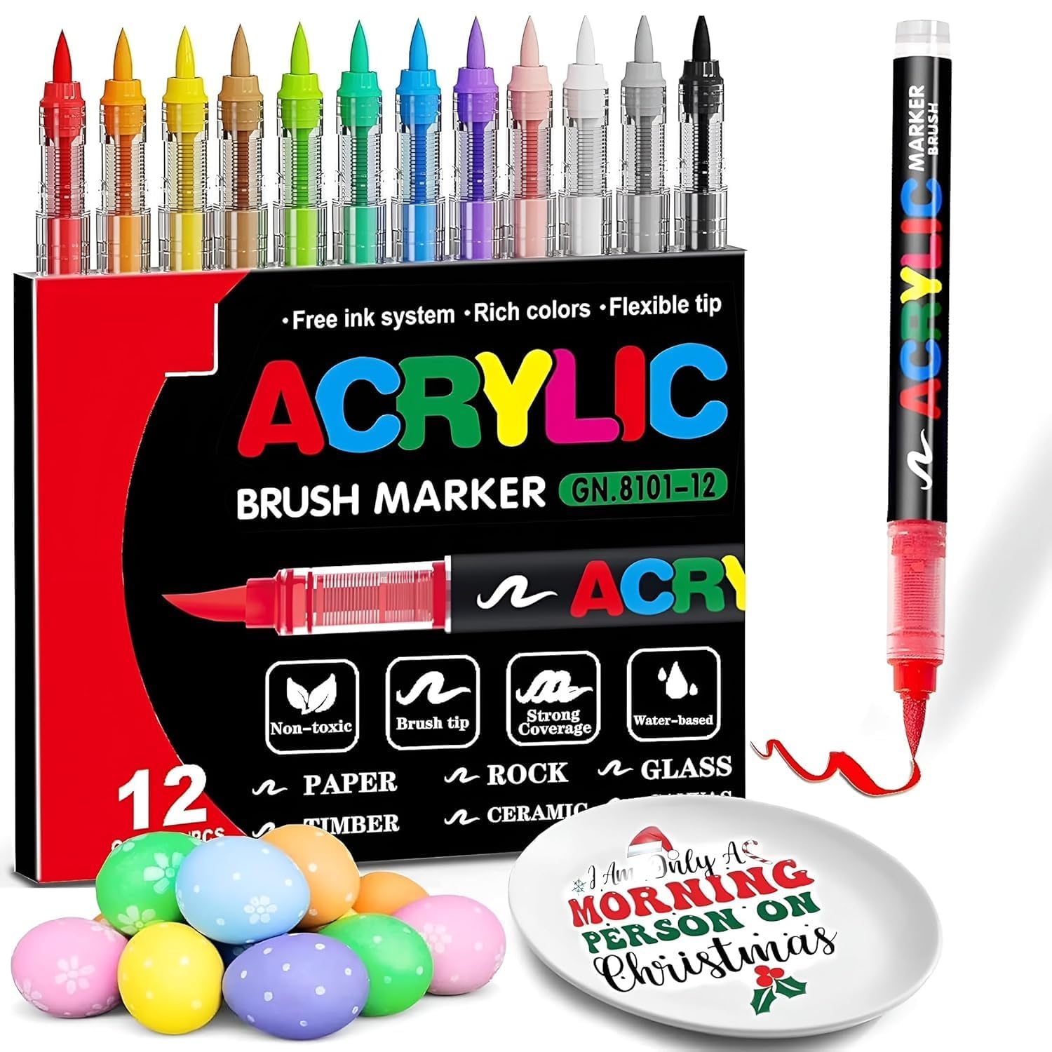 Acrylic Paint Markers Brush Tip Set | Vibrant Colors with Direct-Liquid Ink System | Professional Art Paint Pens for Rock, Canvas, Glass, Wood, Plastic, Fabric & DIY Craft Projects (Set of 12)-image-42