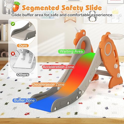 Miniatura 3 de BABY JOY Tobogán para niños pequeños, 4 en 1 para interiores plegables con escalador, aro de baloncesto y lanzamiento de anillo, juego plegable para