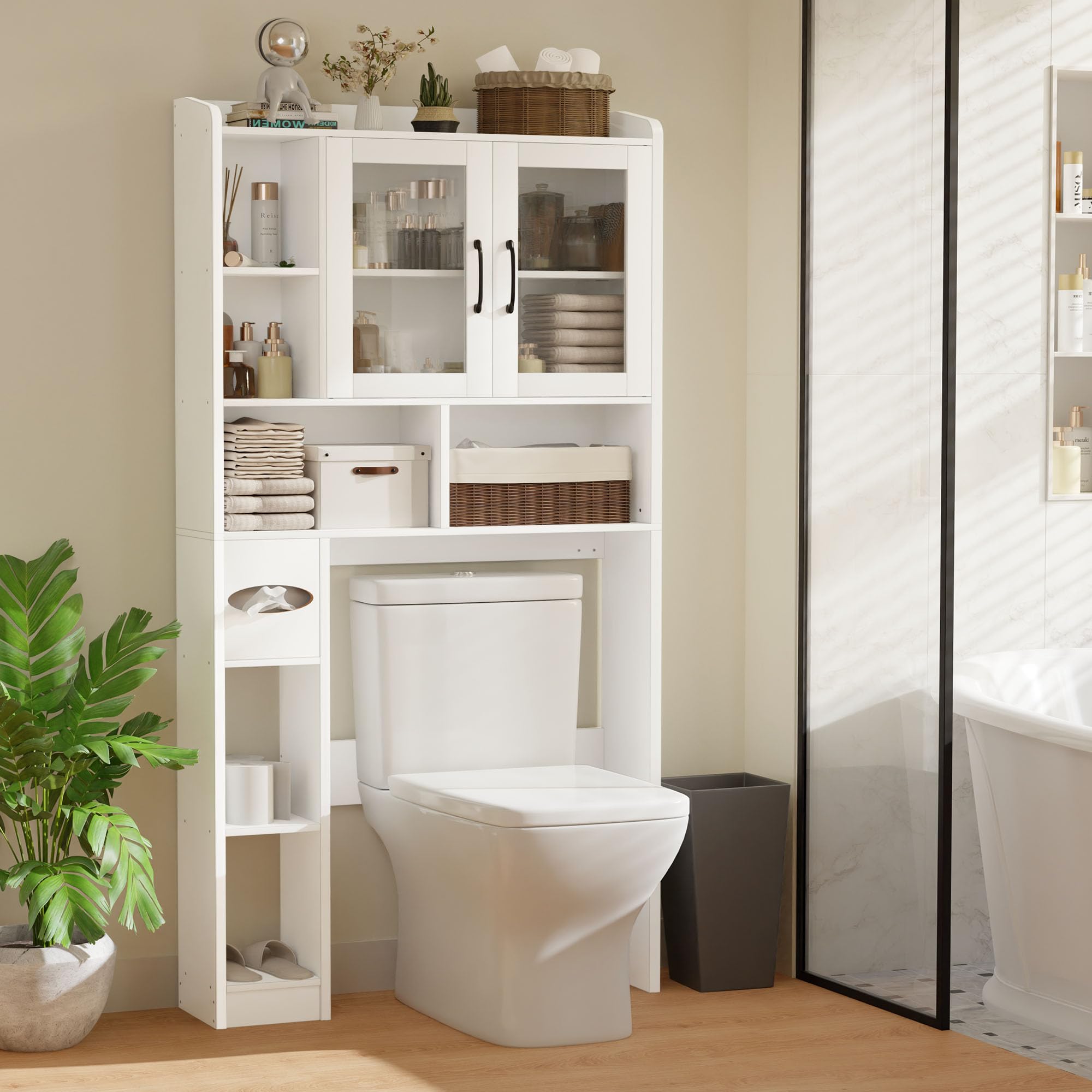 Over The Toilet Storage Cabinet with Acrylic Glass Door and Toilet Paper Holder, Freestanding Over The Toilet Storage Shelf for Bathroom, Laundry (White)