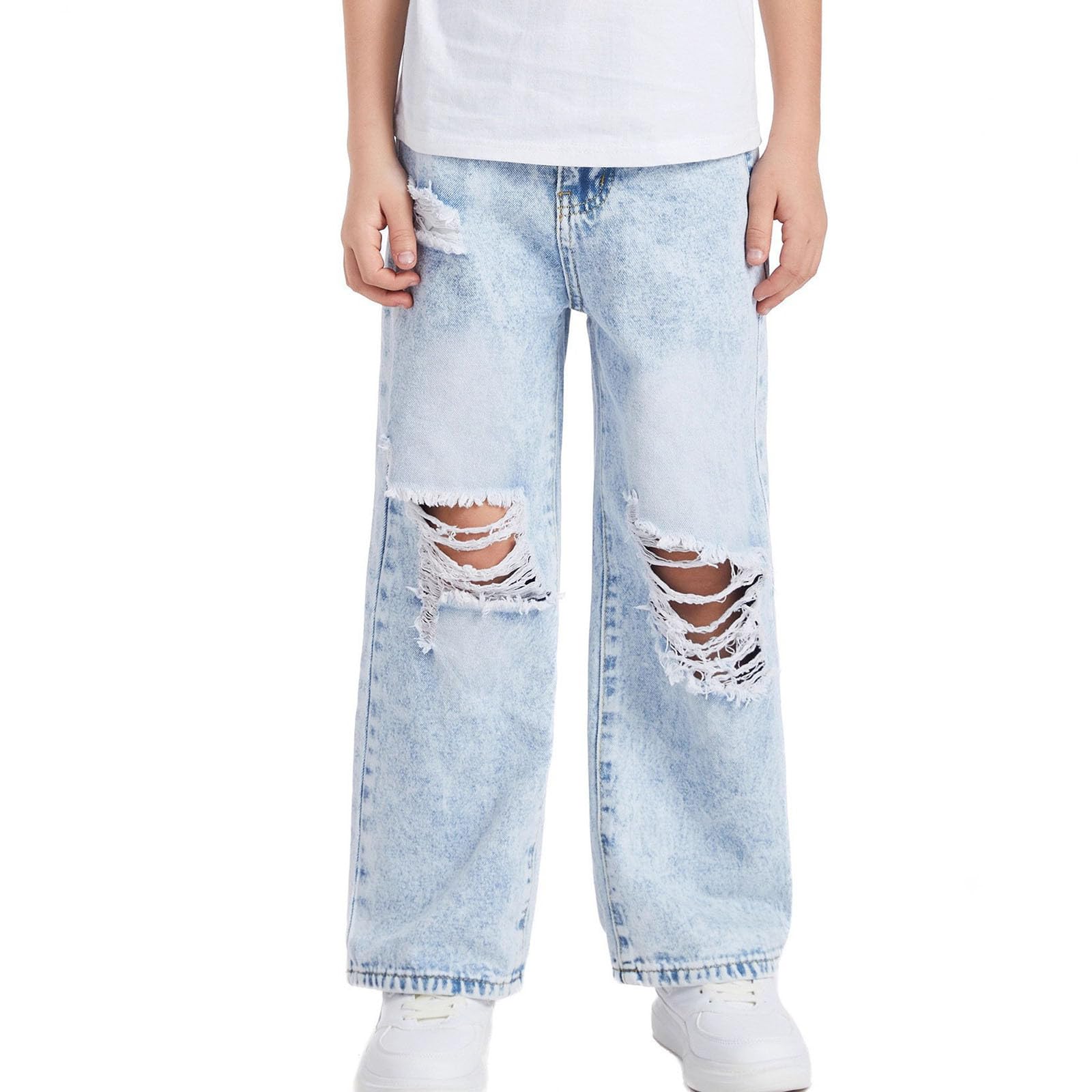 Vaqueros Rotos Niña Niño Cintura Elástica Pantalones Vaqueros Holgado para Niñas y Niños Moda Hip Hop Streetwear Pantalon Vaquero de Perneras Anchas Casual Jeans Rectos Pantalón de Denim 6-13 Años
