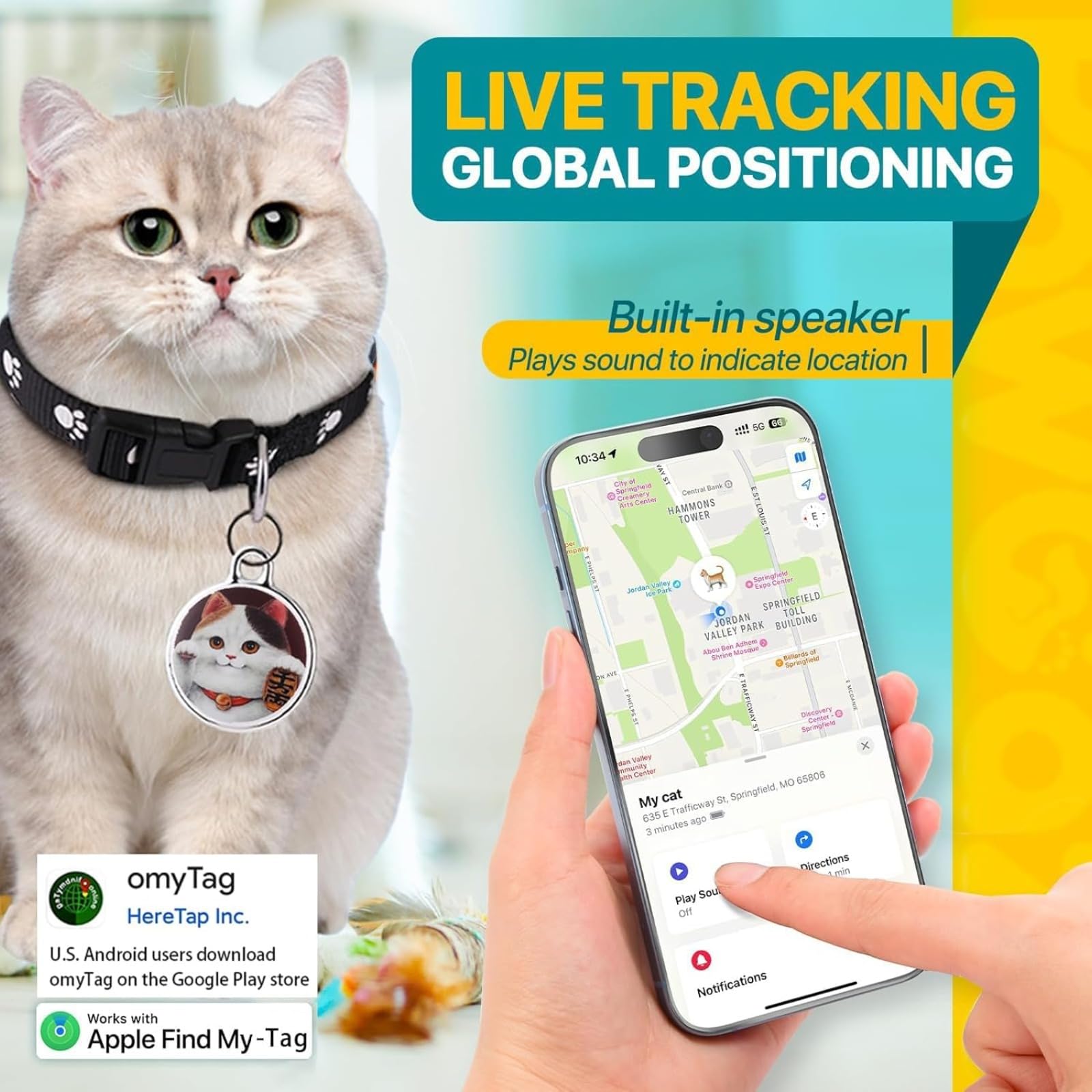 GPS Tracker Per Gatti E Cani – Collare Regolabile, Impermeabile, Senza Abbonamento, Compatibile Con IOS E Android, Blu