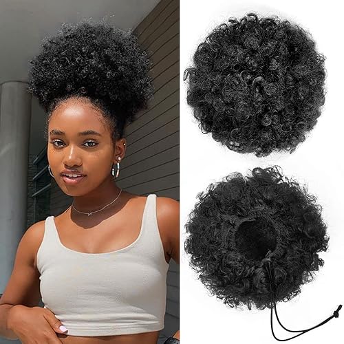 Miniatura 1 de YEAME Cola de caballo afro con cordón para mujeres negras, cola de caballo corta rizada afro pelo sintético, cola de caballo afro negro de primera