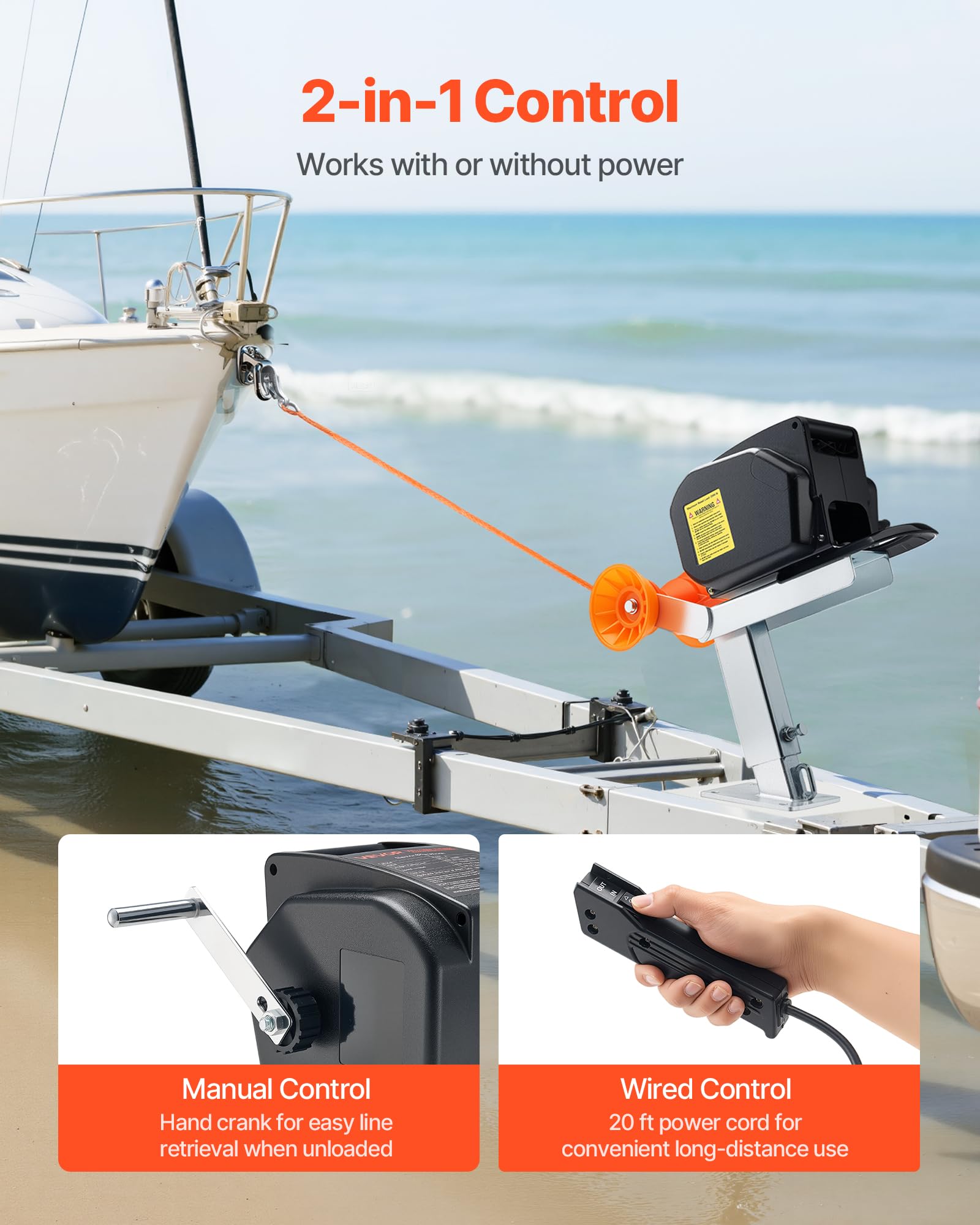 VEVOR Cabrestante Eléctrico, 12 V CC, 300 W, Reversible para Embarcaciones de hasta 900 kg, con Encendido y Apagado Automático, con Control Remoto con Cable y Manivela, 245 x 256 x 196 mm, Negro