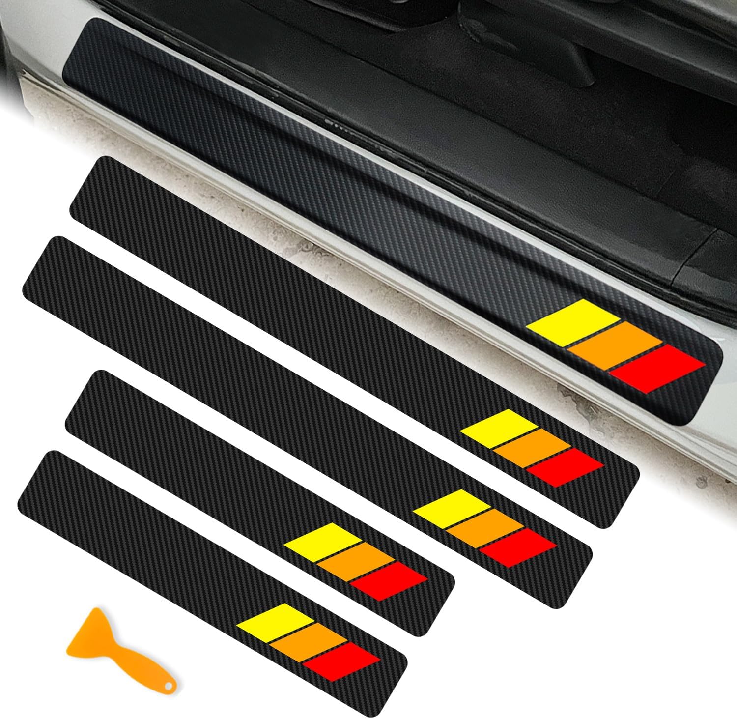 Tricolor Door Sill Protectors for Toyota Tacoma 4Runner Tundra Sequoia Rav4 Highlander Accessories, Carbon Fiber Front/Rear Door Sill Plate Guard, Retro Stripe Door Entry Guard Stickers(4 Pcs)
