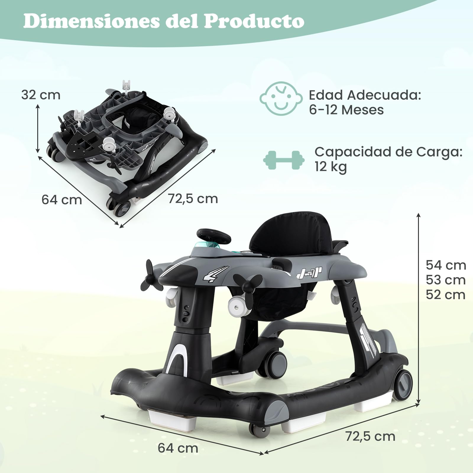 RELAX4LIFE 6 en 1 Andador Bebés Plegable con Altura y Velocidad Ajustables, Tacata Bebe con Asiento Acolchado, Música, Luces y Bandeja de Juguetes para Niños 6-18 Meses, 72,5x64x52/53/54cm (Gris)