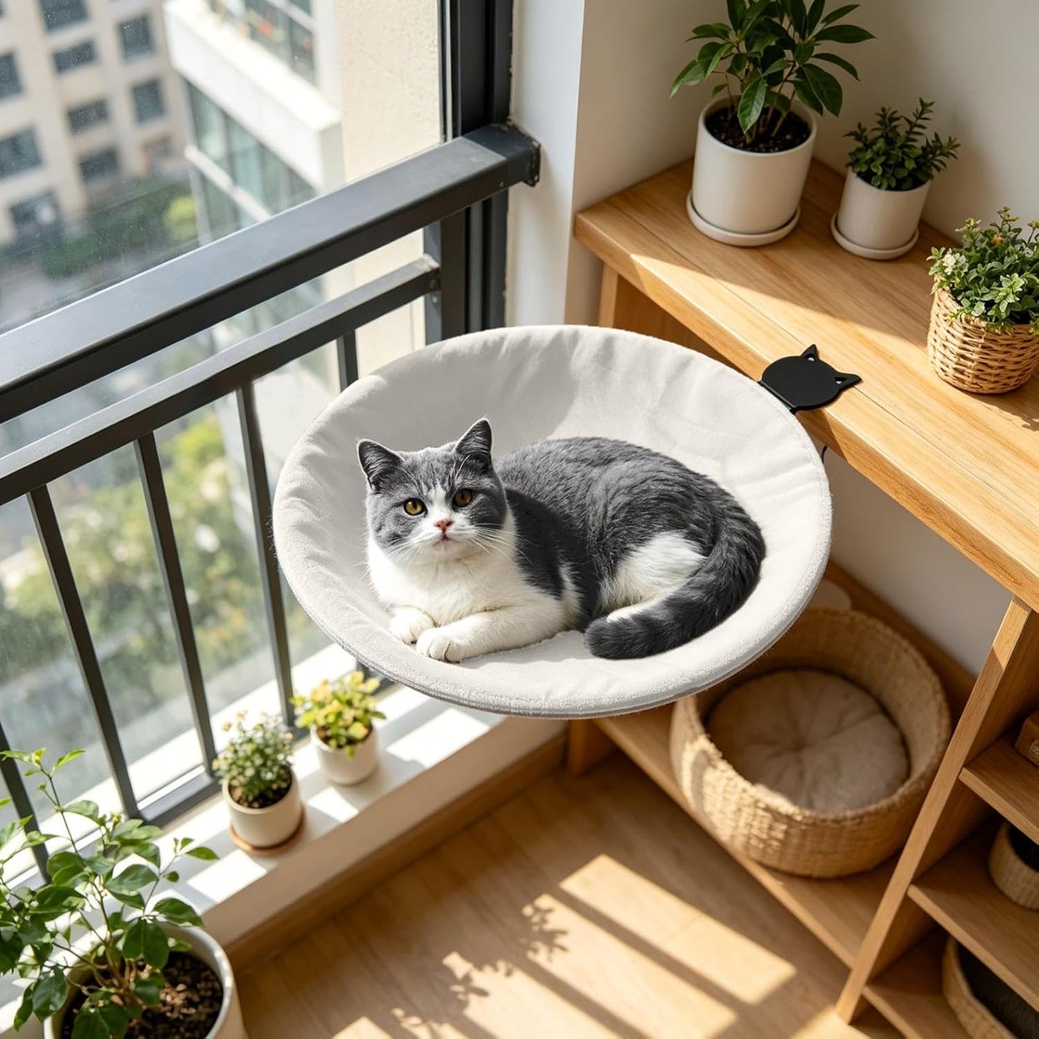 Adjustable Cat Desk Bed, Cats Hammock with Steel Clamp, Removable Faux Rabbit Plush Cover, Washable Hanging Cat Bed for Office Desks and Game Tables (White)