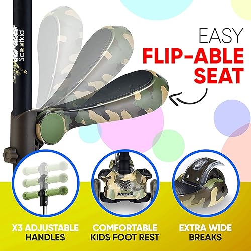 Vista 13 de Hurtle Patinete de 3 ruedas para niños, luces LED de ruedas, manubrio ajustable de inclinación para dirigir y asiento plegable, paseo sentado
