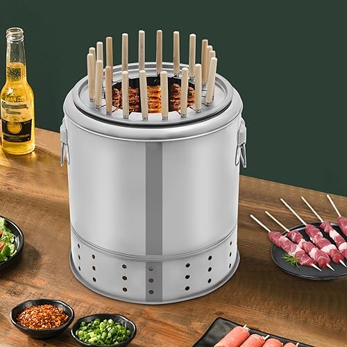 Miniatura 6 de Portable Barbecue Charcoal Barrel Grill, Stainless Charcoal BBQ Grill Barrel, 360 Smokeless Outdoor Barbecue Grill with 20 Skewer Capacity for