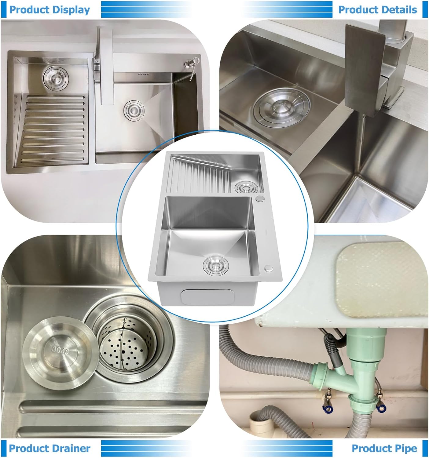 600mm/23.6Inch Stainless Steel Laundry Utility deep Sink, with washboard for room, Bathroom, Balcony, Kitchen and Basement - Easy-to-Clean Double-Bowl Design