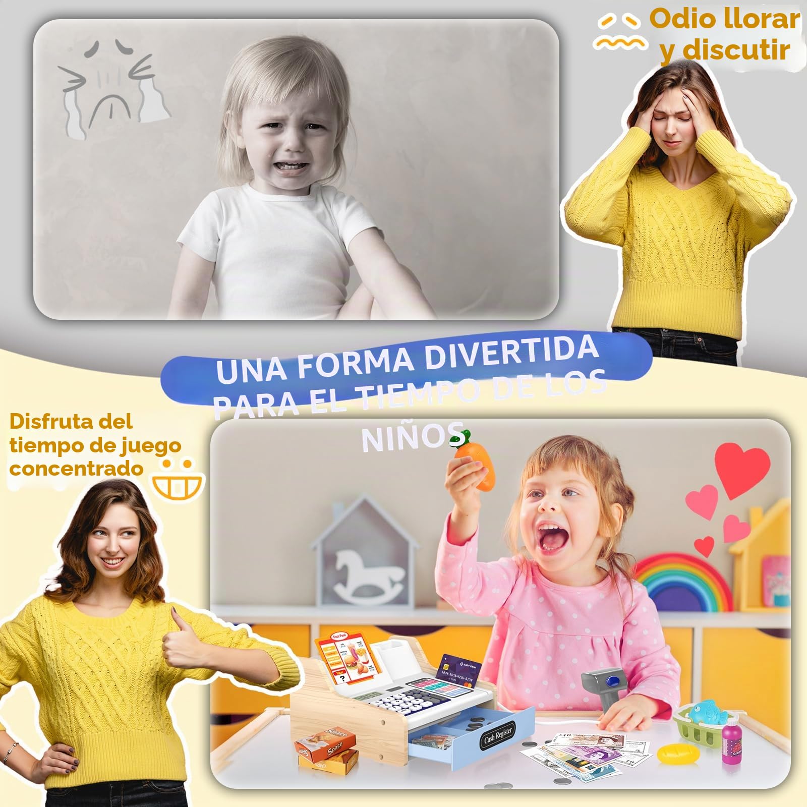 2026 Caja Registradora Juguetes de Madera con Calculadora de Escáner para Niños Niñas 3+ Años, Juguetes de Tienda Juegos Simulación Regalos Educativos para Niños Pequeños 3 4 5 6 7 Años, Blanco&Azul