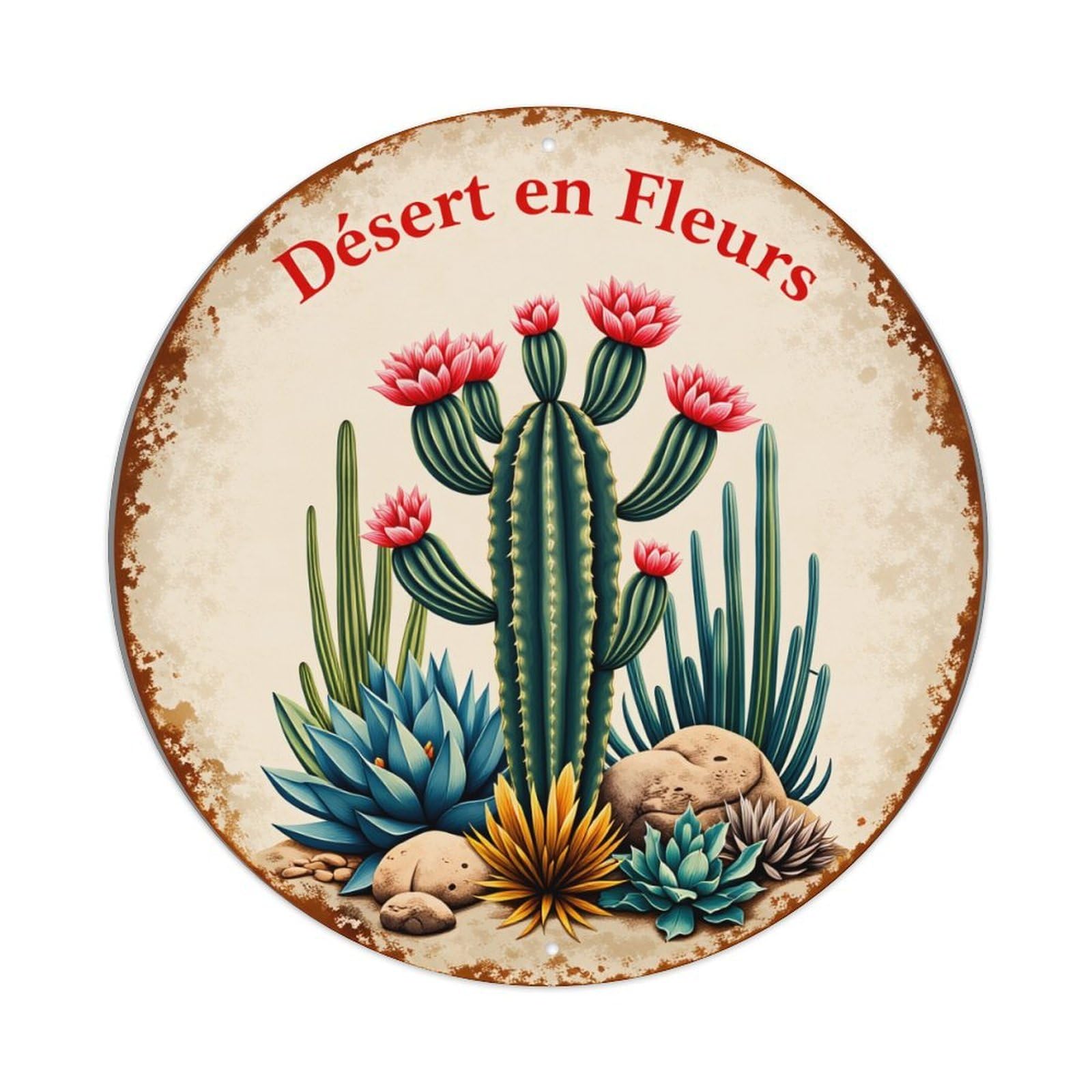 Desert Cactus Flowers Rocks Plants Round Tin Sign Vintage Style Metal Sign Home Bar Garden Wall Plaque Decor Metal Poster 8x8 Inch