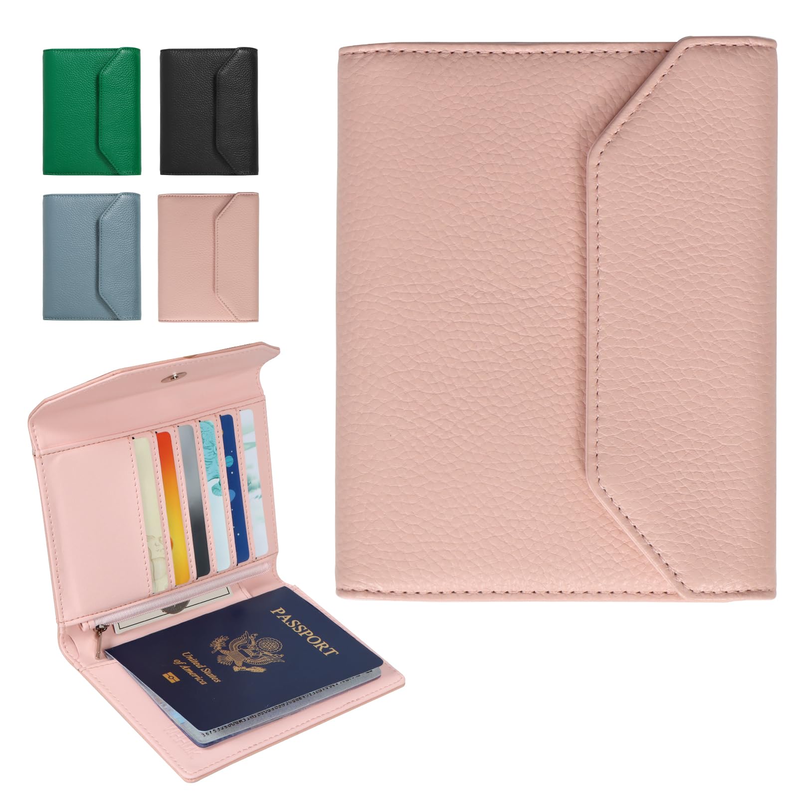 Leather Passport Holder for Travel,Rfid Passport Holder Protect Your Card Security,Passport Book Holder for Men Women,Travel Wallet with Cards & Pen Slots,Boarding Pass,Zipper Cash Pocket, Pink-image-34