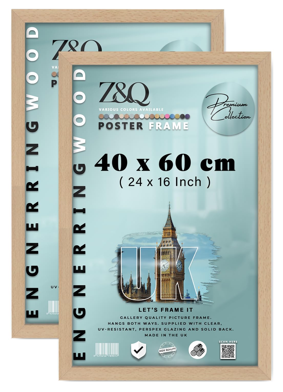 Z&Q Pack of 2 Flat Versatile MDF Wood Finish(40 x 60 CM) Poster Frame | for Art Gallery 24 x 16 Inch Wall Décor & Room Display [ Beech ]