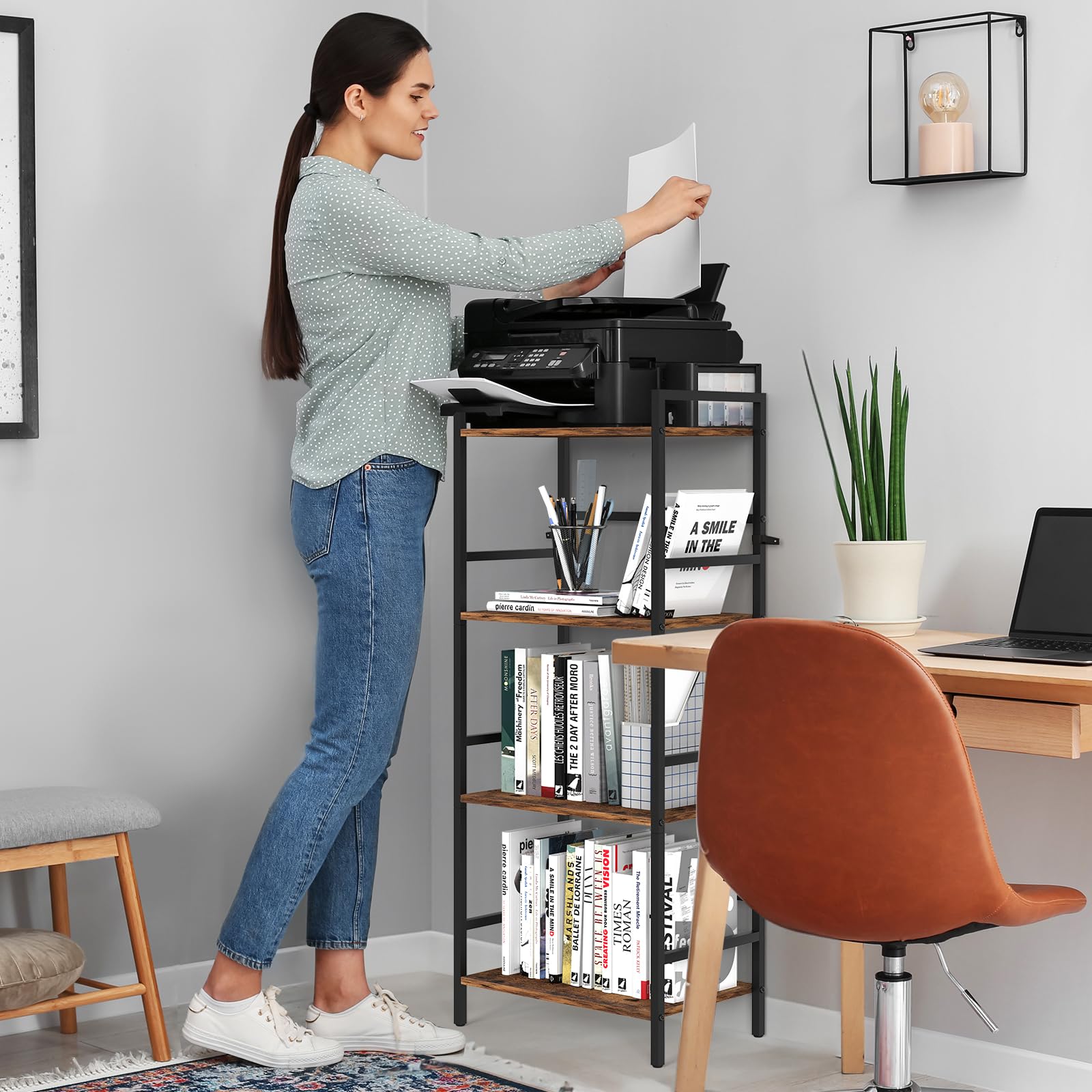 CADUKE 4-poziomowa półka na książki z miejscem do przechowywania Industrial Open Etagere Bookcase Wood Metal Book Shelf Stand Brown Regały na książki do salonu, sypialni, biura