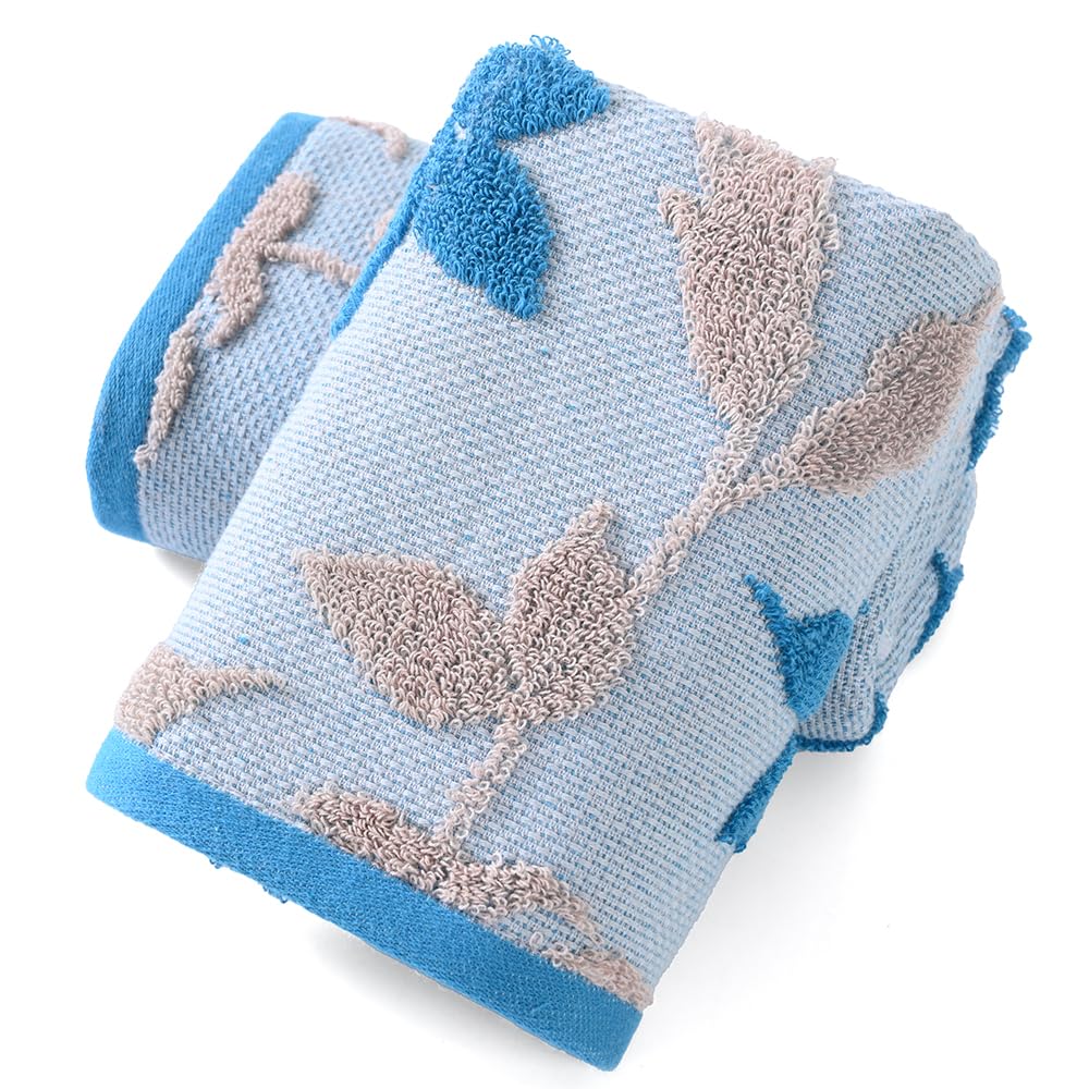 sense gnosis Navy Blue Hand Towel Set of 2 Super Soft 100% Cotton Highly Absorbent Embossed Leaf Floral Pattern Decorative Jacquard Weave Hand Towels
