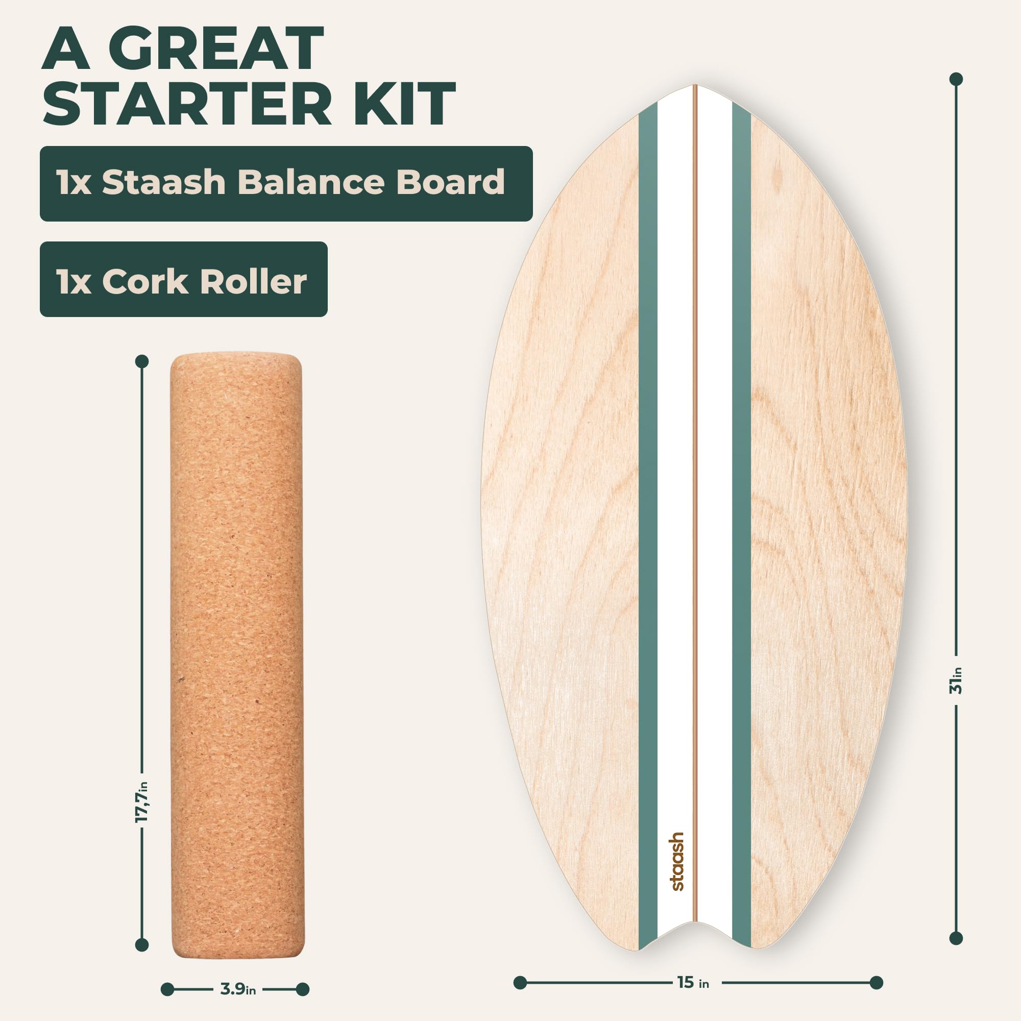 STAASH® Pro Balance Board – Tavola Propriocettiva con Rullo, Tappetino e Accessori + Video | Kit 5in1 per Fitness, Yoga, Riabilitazione (Starter o Full Kit) (Kit iniziale Verde)