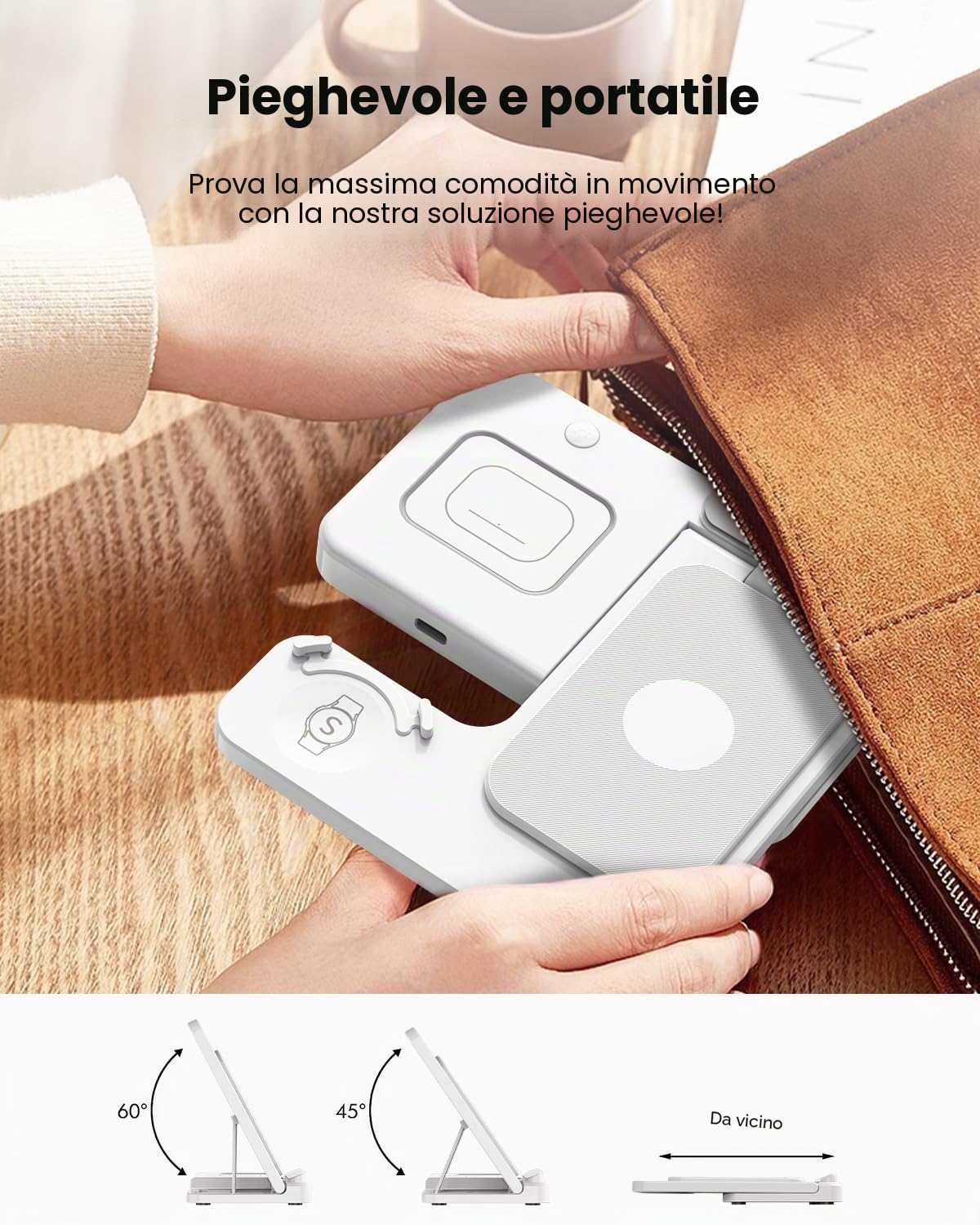 GEEKERA 3 in 1 Caricatore Wireless Pieghevole per Samsung S25/S24/S23/ZFold/Flip, Galaxy Watch e Buds - Stazione di Ricarica Wireless - Bianco