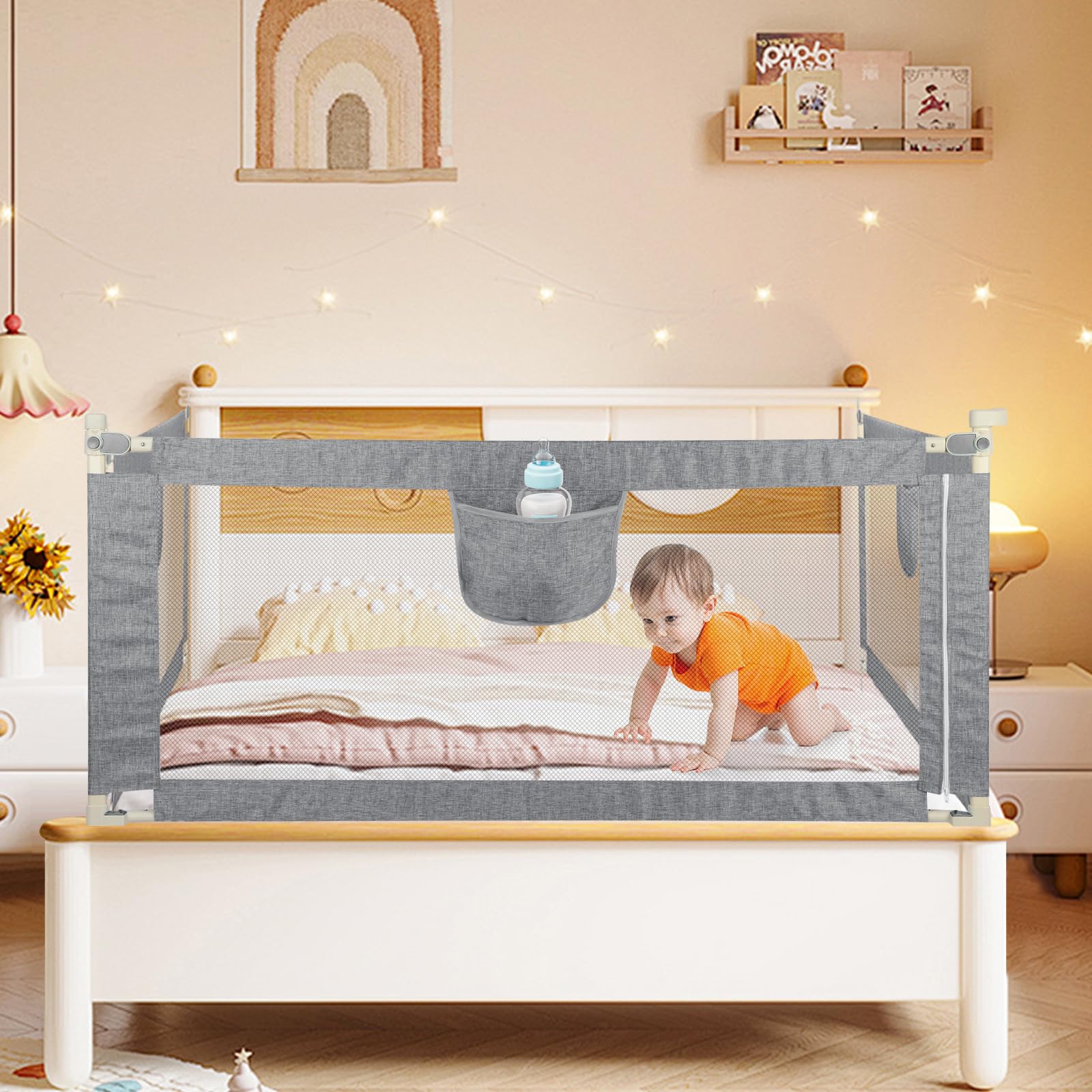 Barrière de lit de 150/180/200 cm, Protection Contre Les Chutes, Réglable en Hauteur 70-105 cm, Barrière de lit pour Tout-Petits, Barrière de lit avec Filet aéré,Facile à Monter (200cm,Gris)