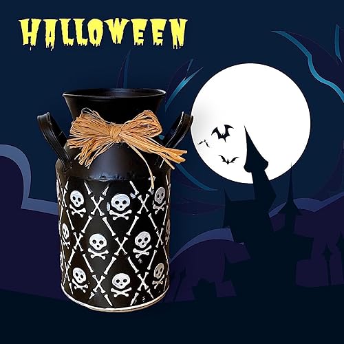 Miniatura 4 de Jarrón de metal para Halloween, decoración rústica, estante de mesa, chimenea, blanco y negro con calaveras y huesos (9.75 pulgadas de alto)