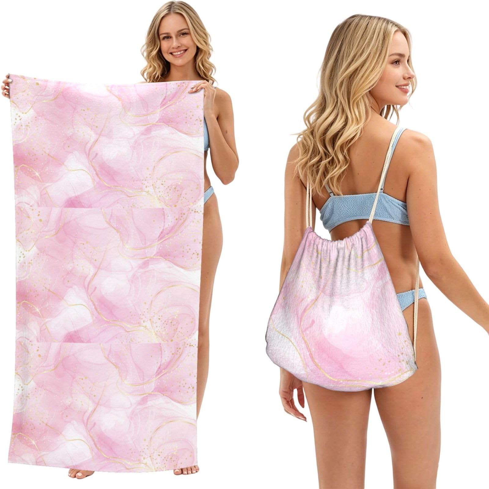 Poadnly As Picture Pastel Rpse Pink Marble, 2 In 1 Packable Towel Bag, Beach Towels With Drawstring Backpack For Travel Holiday Camping