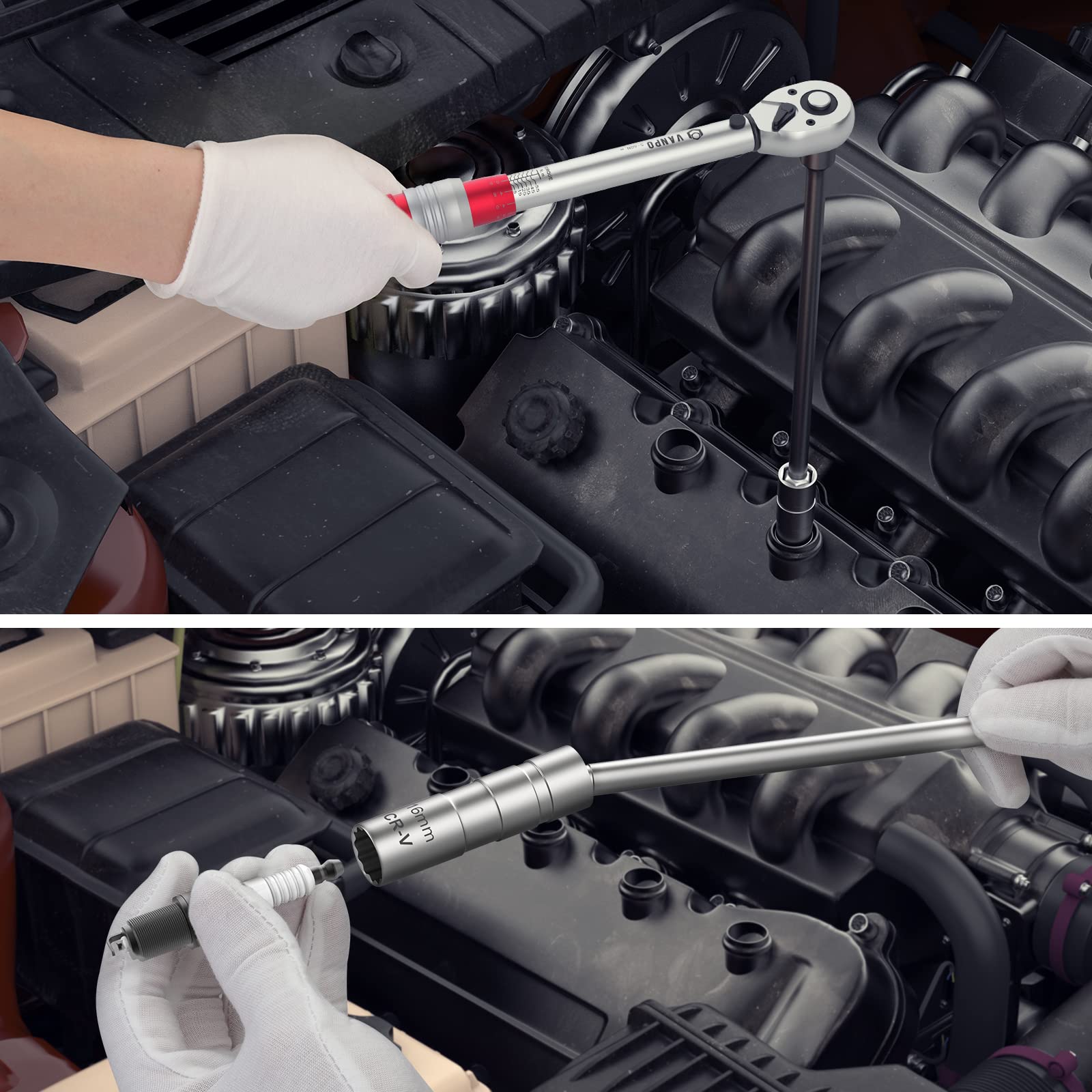 VANPO Klucz dynamometryczny 3/8 cala, 5-60 Nm zestaw kluczy dynamometrycznych do motocykli i samochodów, dokładność błędu ± 3%, 72 zęby o długości 30 cm, magnetyczna tuleja świecy zapłonowej 14/16 mm