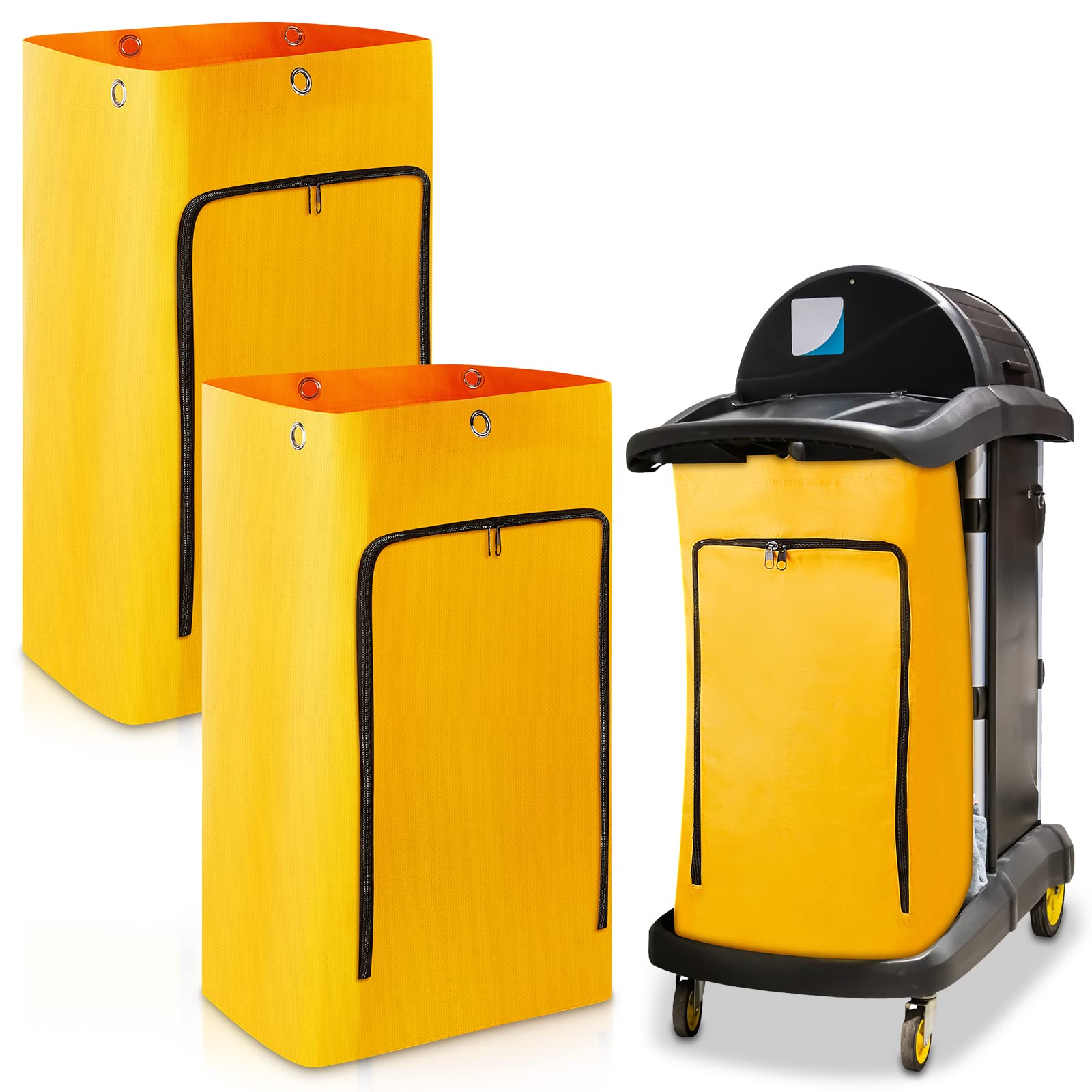 Meanplan 2 Pack Cleaning Cart Bag Zippered Front Replacement Janitorial Cart Thick Bag Large Capacity Commercial Cleaning Bags for Housekeeping Carts, Yellow (26.5 x 15.5 x 10.5 Inch)