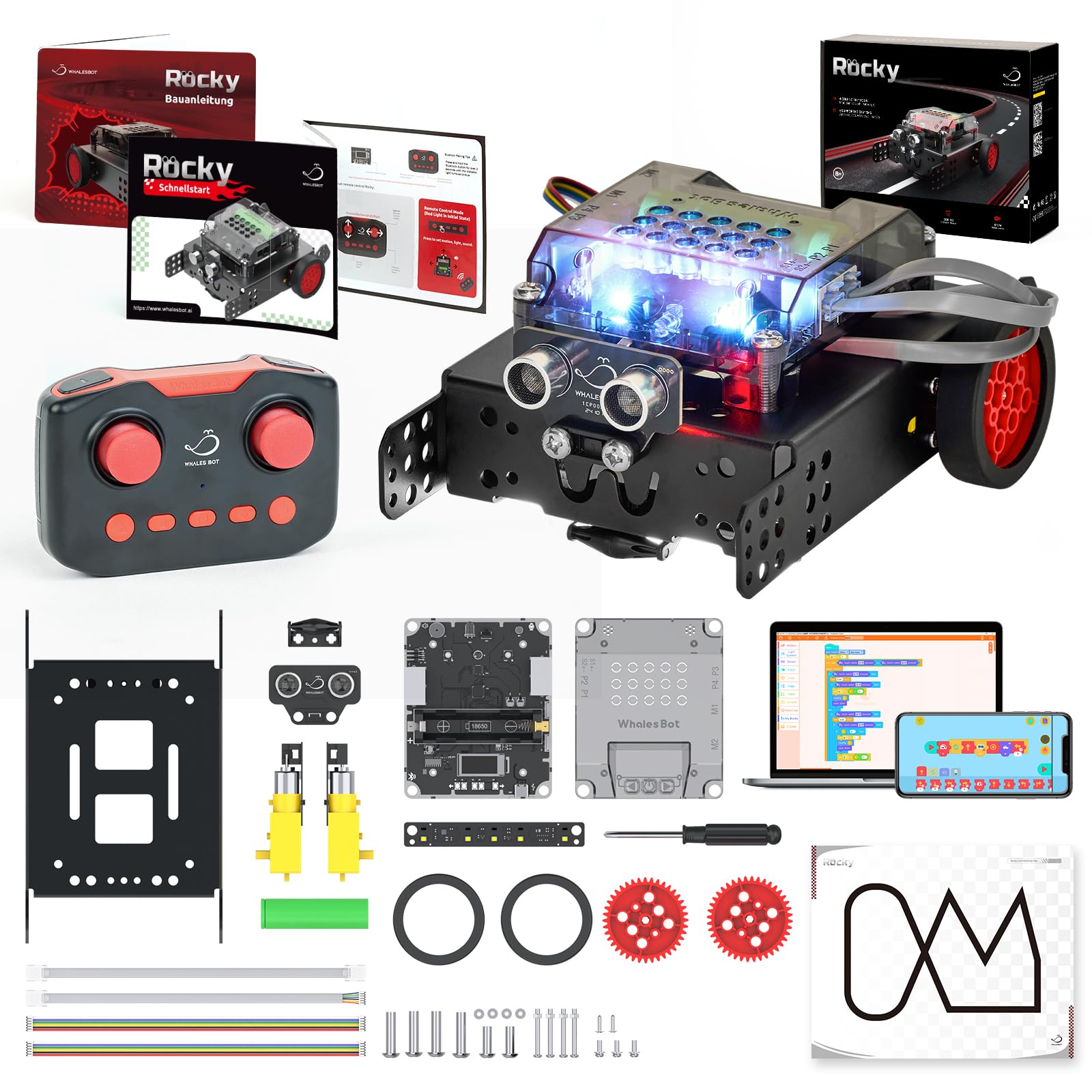 WhalesBot Rocky programmierbares Roboterauto für Kinder, Mint Bausatz mit Scratch- & Python-Kompatibilität, Erweiterbar, Ferngesteuertes Spielzeug, Geschenk ab 8 Jahren