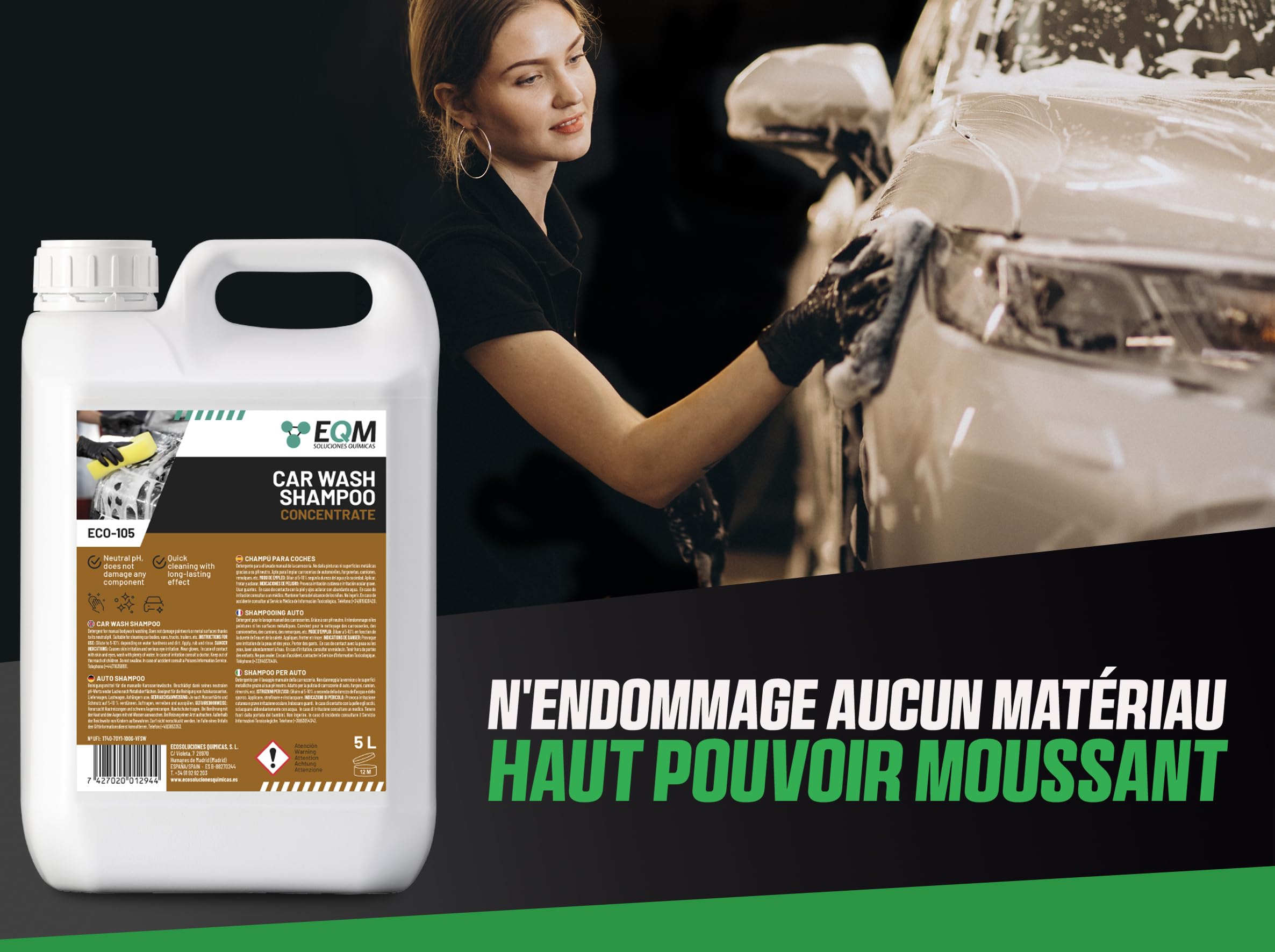 EQM - ECO-105 - Shampooing Concentré pour Voiture - 5L - Plus de 250 lavages - Nettoyage rapid et protection de peinture automobile grâce à son pH neutre