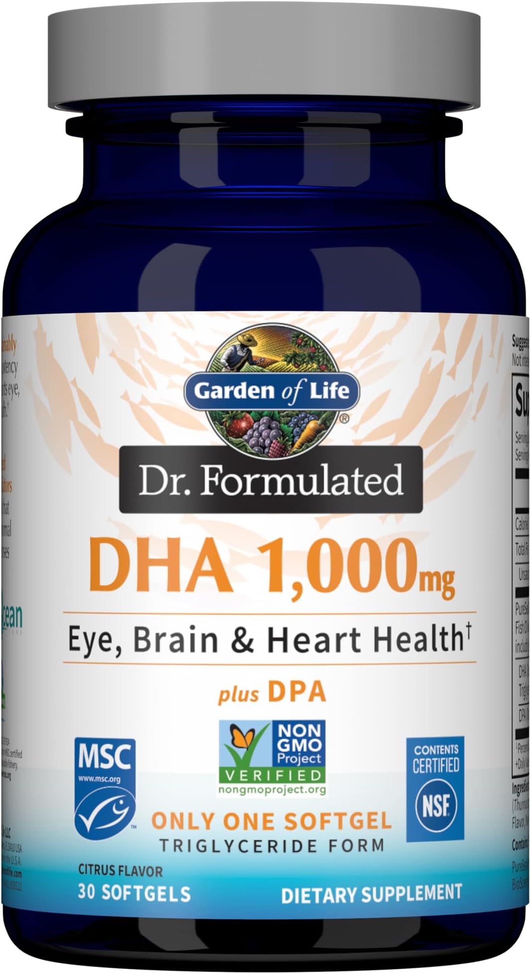 Dr. Formulated Once Daily 1000mg DHA Fish Oil + DPA in Triglyceride Form Softgels, Single Source Omega 3 Supplement for Ultimate Eye, Brain & Heart Health, Lemon, 30 Count