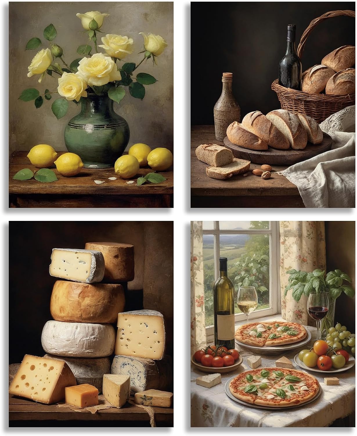 Framed Vintage Kitchen Food Still Life Wall Art, 4 Piece 8x10 Inch Yellow Roses Bread Cheese Pizza Red Wine Theme Canvas Prints for Home Dining Room Decor