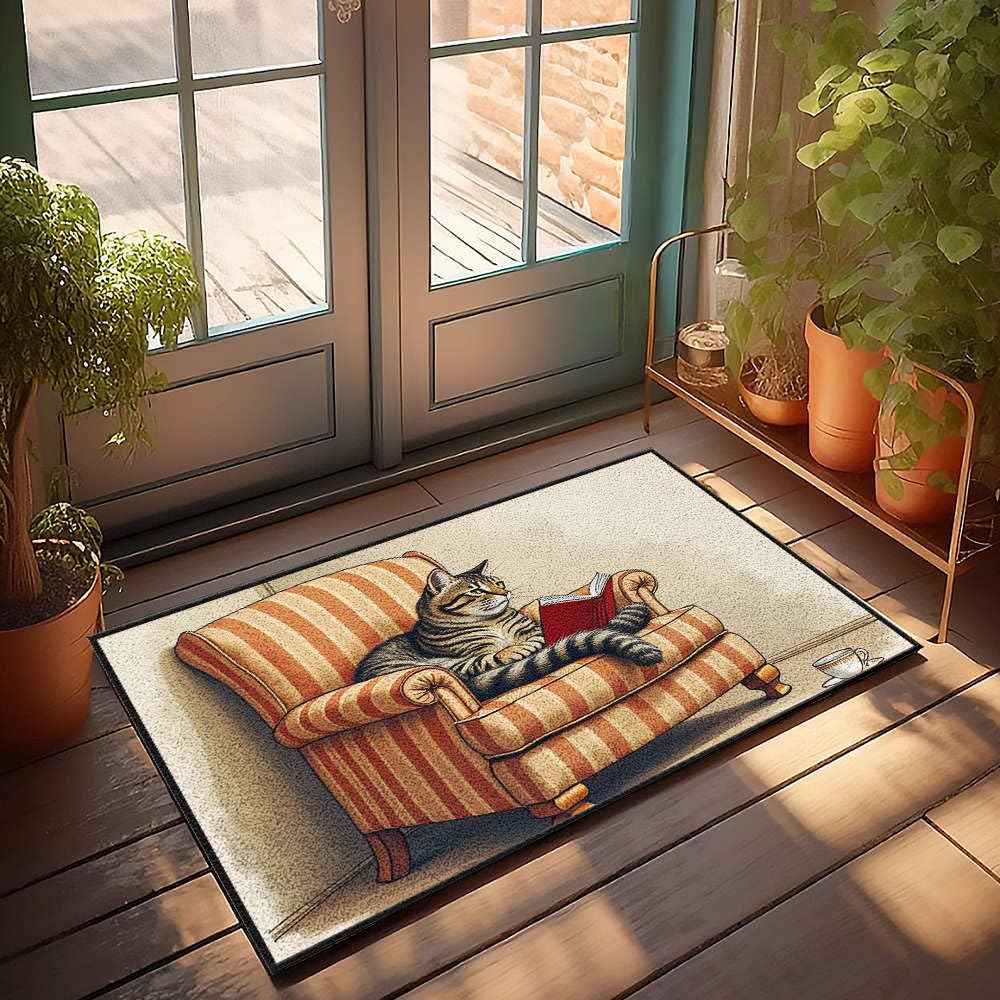 Tapis rétro chat lisant 65x90 cm, paillasson décoratif et confortable pour chambre d'ado