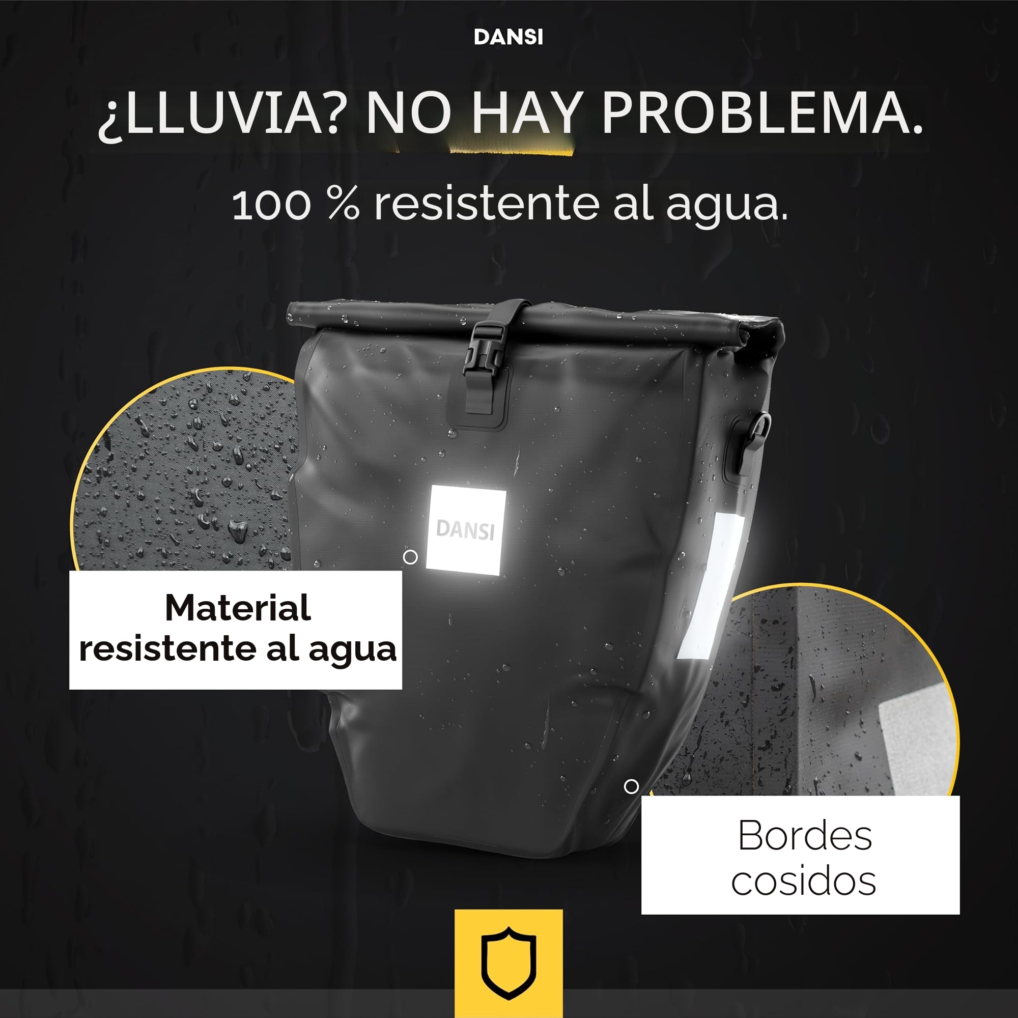 Dansi Bolsas de Bicicleta de 20 l para portaequipajes, con Correa para el Hombro y asa, Bolsa de Bicicleta 100% Impermeable con reflectores y Sistema de Clic, Negra (Lote de 1)