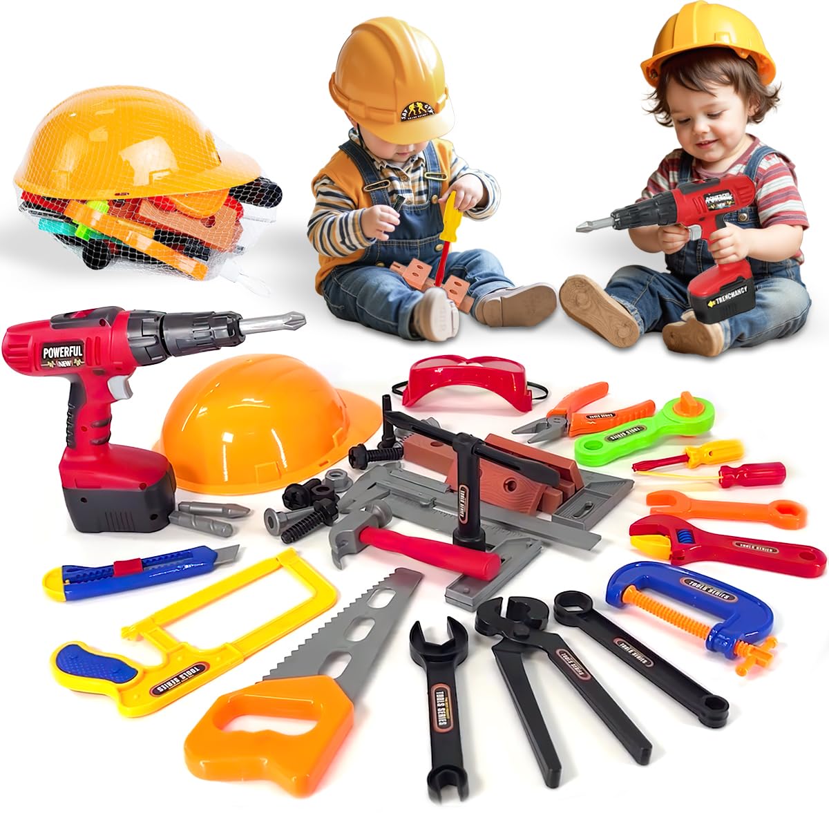 Kingsport 37PCS Kids Tool Set with Hard Hats and Electric Drill, Construction Pretend Play Builder Kit, DIY Tool Bench Accessories, Safety Goggles & Role Play Equipment for Boys & Girls Ages 3+ Years