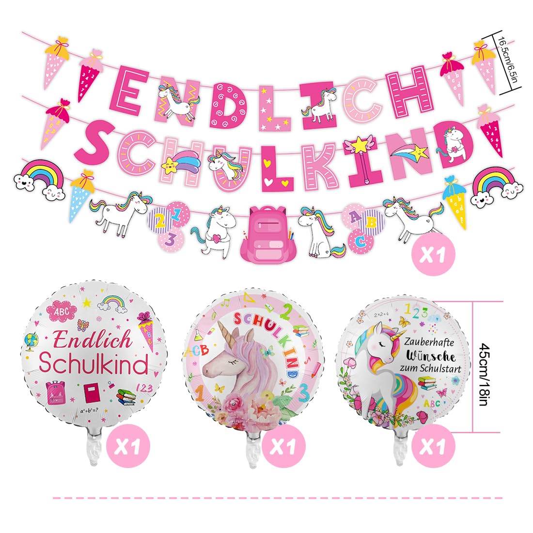 Decorazione per l'inizio della scuola a tema unicorno, palloncino in pellicola e striscione per bambini