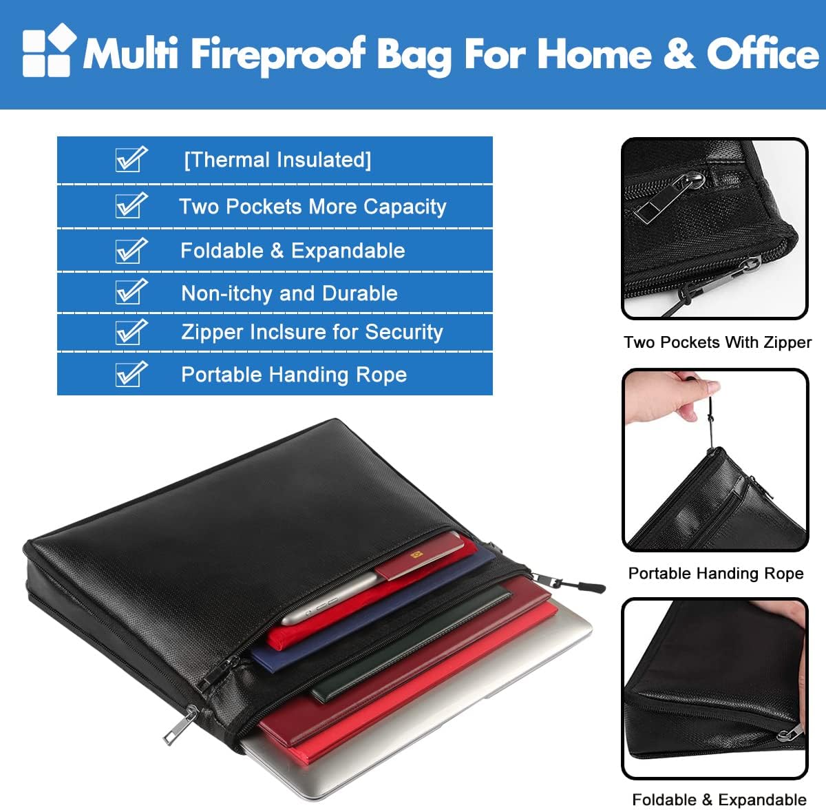 Fireproof Document Bags Portable Fireproof Money Safe Bag with Thermal Insulated, Expandable Fireproof Bag, Fireproof Safe Storage Pouch with Zipper for A4 Document Holder,File and Tablet