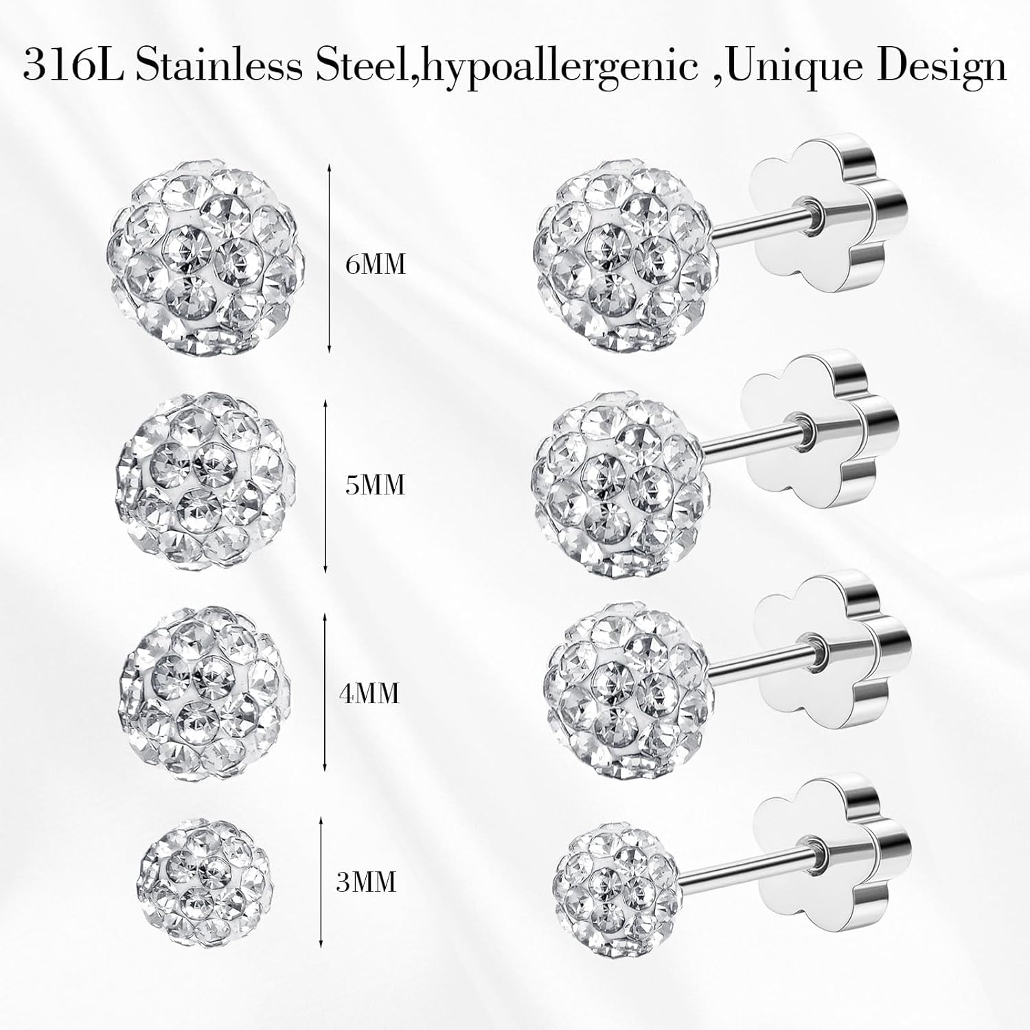 4Pairs Crystal Ball Stud Earrings for Women Hypoallergenic Stainless Steel Flat Back Stud Earrings Sparkly Cubic Zirconia Disco Ball Earrings Set 3 4 5 6 MM - Image 2