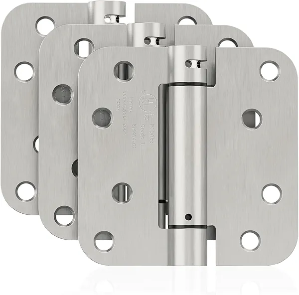 JOYNY 3 Pack Self Closing Door Hinges, 4 Inch Spring Loaded Door Hinges for Garage, Front, Back Door, Left/Right Hand, Adjustable Tension, 5/8'' Radius Corners, UL Listed, Brushed Nickel