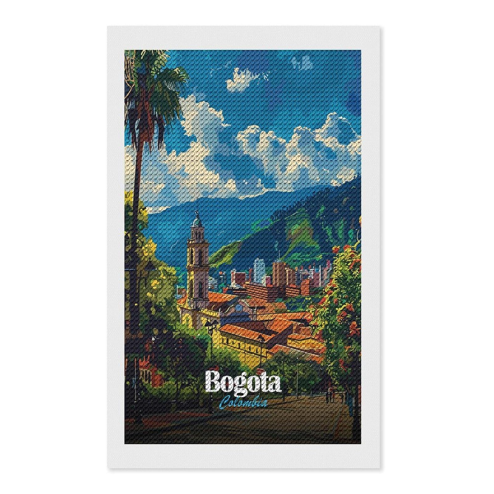 Junmoney Bogota, Colombia Cityscape Illustration Diamond Painting Canvas Set 12"x20", for Women, Mindful Craft Activity, Cosy Home Accent, Festive Craft Gift
