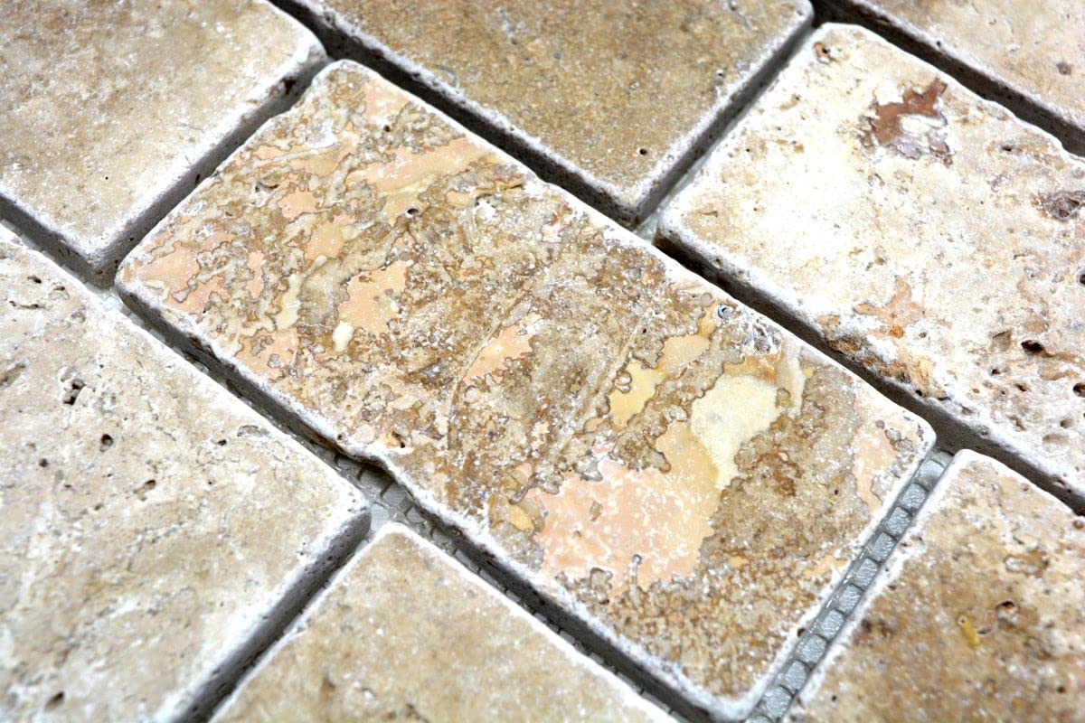 Mosaïque Travertin Beige Mosani – Brique Pierre Naturelle, Clair, Format Split Face