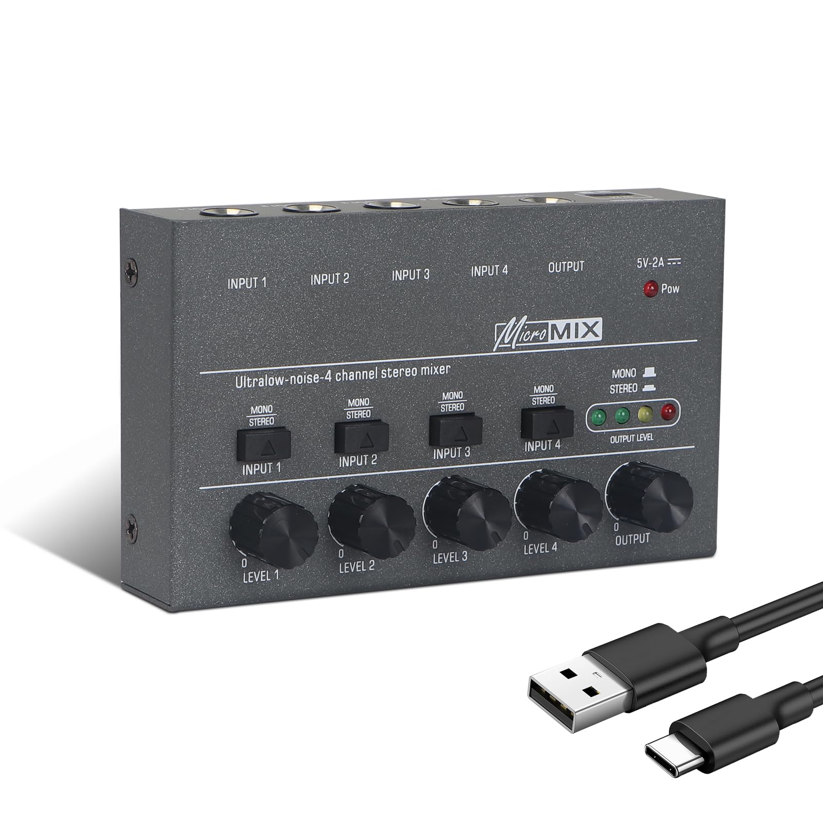 Horse Audio Mixer Line Mixer, 4-Channel Stereo Line Mixer for Sub-Mixing, Ultra Low Noise Operation, for Guitar, Microphone, Bass, Digital Keyboard, Suitable for Bar and Small Club, Gray