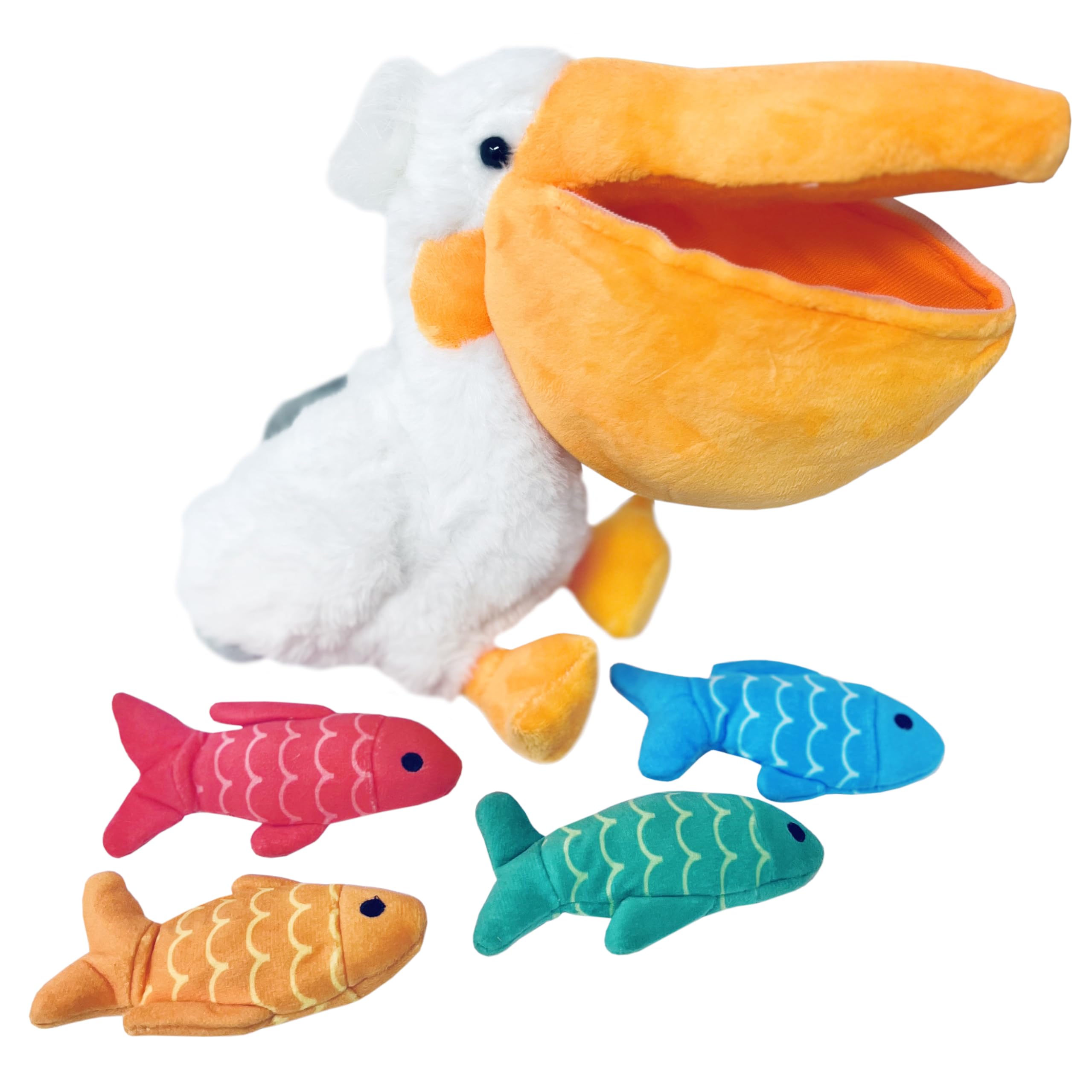 Off the Wall Toys Charlie & LEW Interaktives Pelikan und Fisch-Verstecken – Quietsch-Spaß für kleine Hunderassen und Katzen, langlebig und ansprechend, Spaß und leuchtende Farben