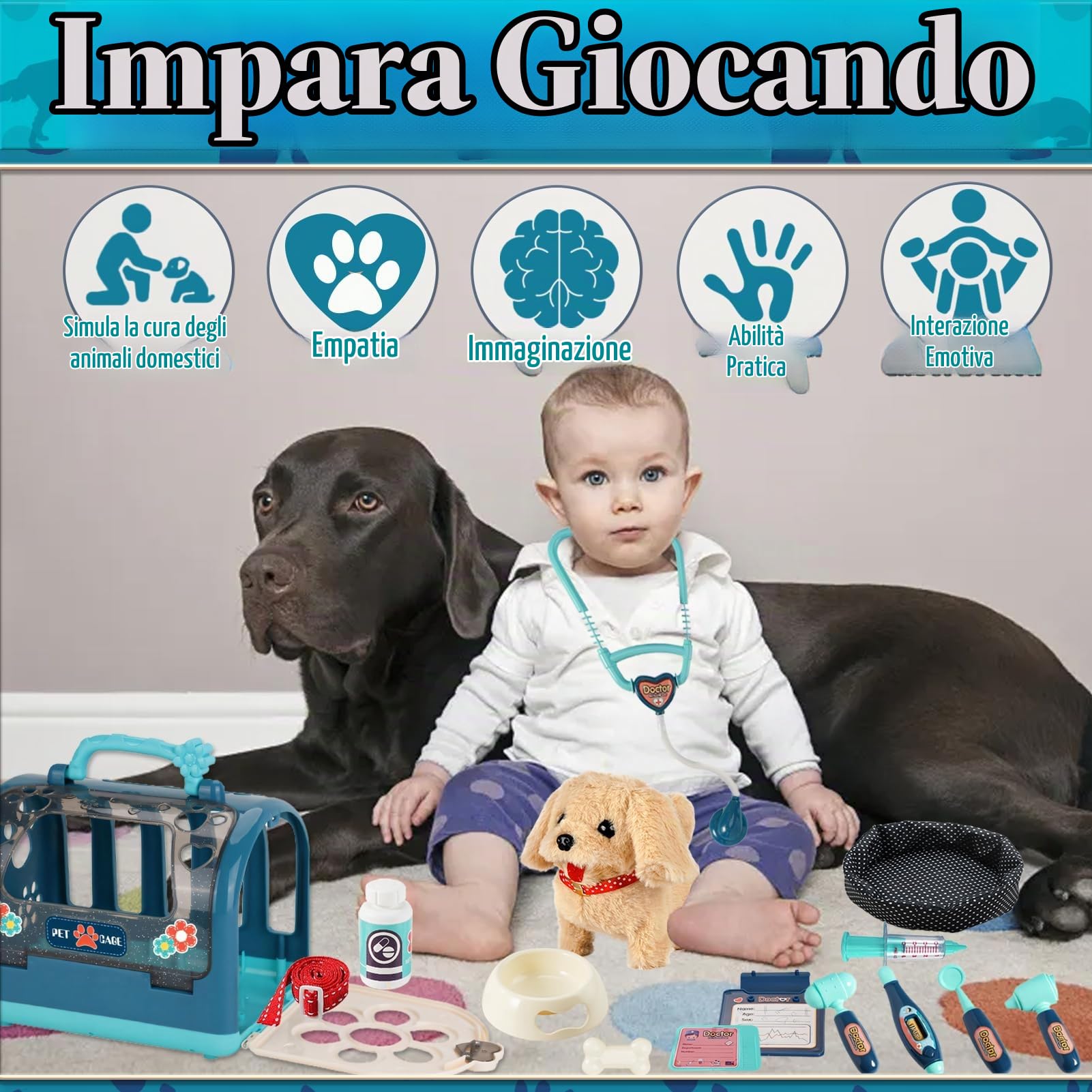 STAY GENT 17Pz Interattivo Valigetta Dottore Peluche con Cane Robot, Gabbia e Stetoscopio, Elettrico Cane Giocattolo con Guinzaglio Cammina e Abbaia, Veterinario Ruolo Regali per Bambini 3-8 Anni