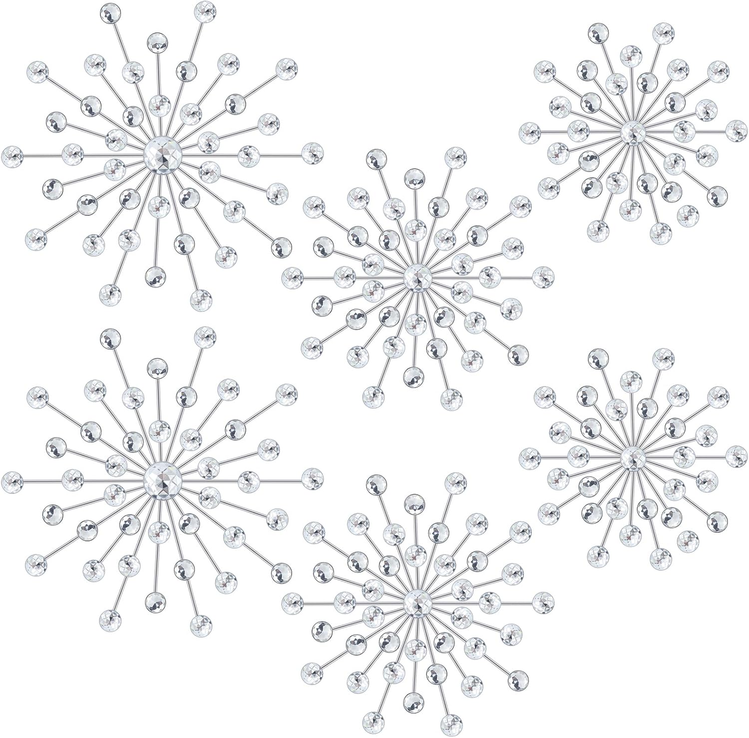 Barydat 6 Pcs Metal Starburst Wall Decor Bling Crystal Wall Art Rhinestone Sunburst Home Decoration No Punch Starburst Hanging Diamond Accents for Living Room Bedroom(25cm, 20cm, 15cm,Silver)