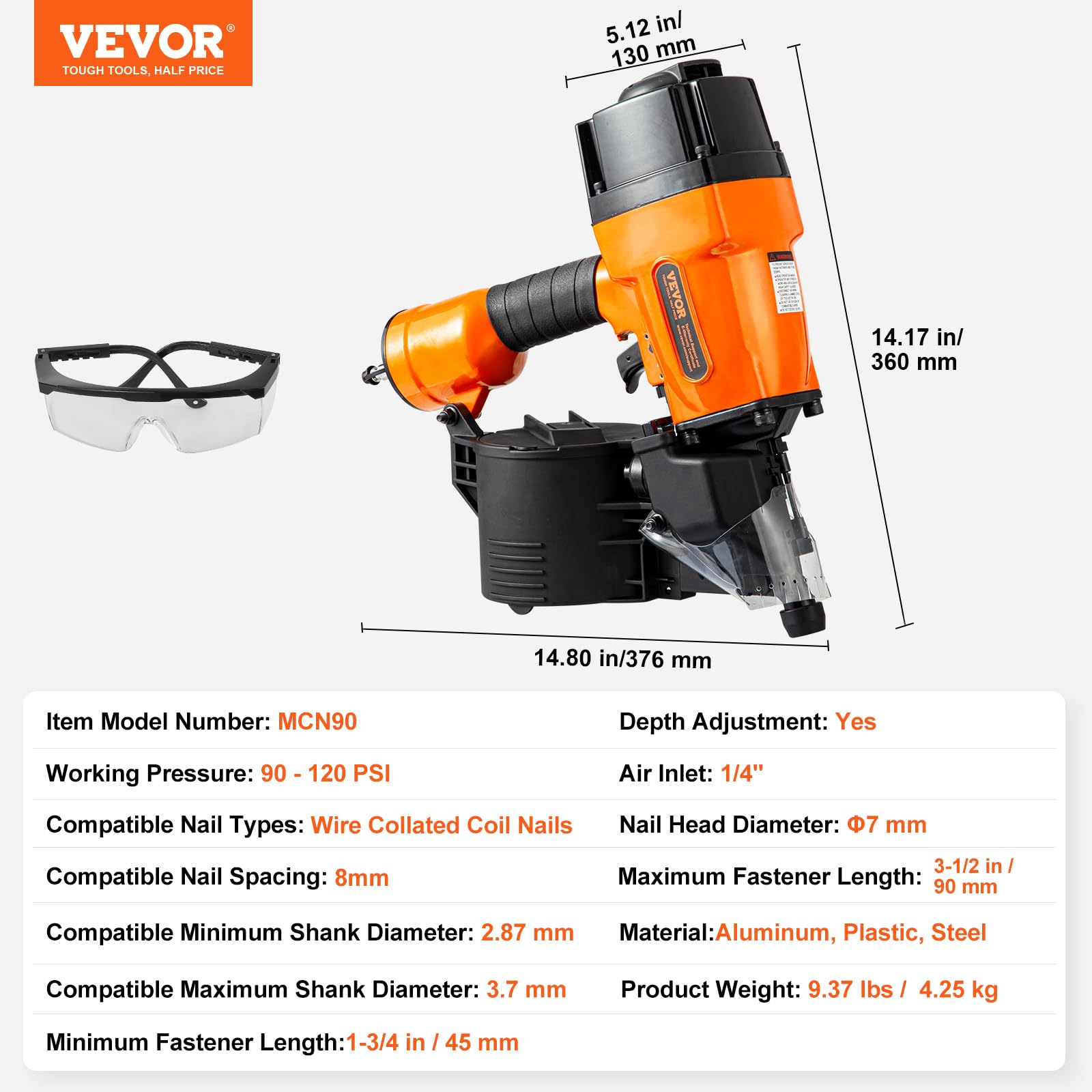 VEVOR Chiodatrice Pneumatica a Spirale, 45-90 mm, Chiodatrice Pneumatica a Spirale 15°, MCN90, Regolazione Profondità Senza Attrezzi, 90-120 PSI, Chiodatrice per Rivestimenti Faidate Montaggio
