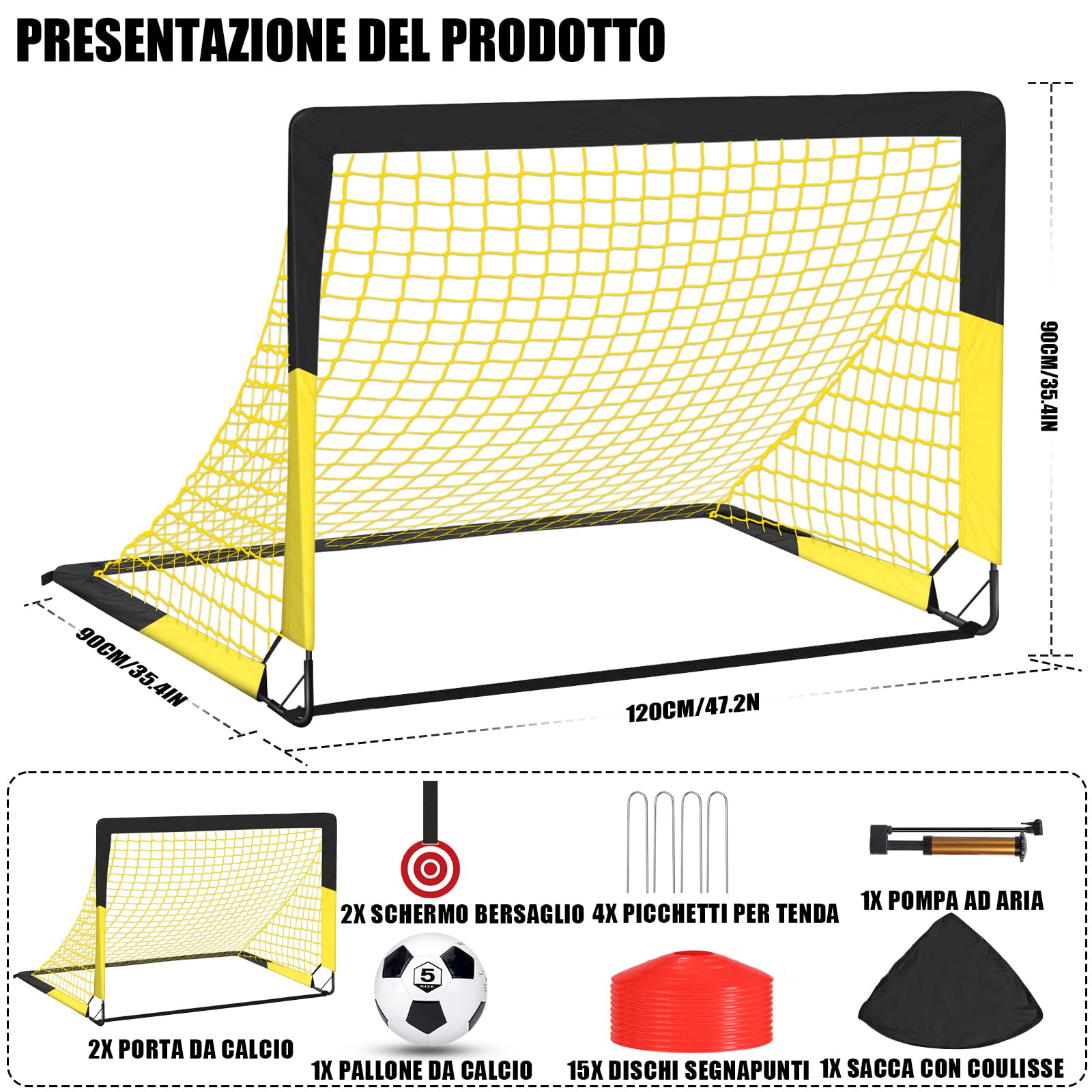Porte da Calcio per Giardino, Porta da Calcio per 120x90cm, Porticine Da Calcio con Aste In Fibra di Vetro e Reti di Alta Qualità, Bullseye e Borsa per Giardino e Gioco per Interni - 3
